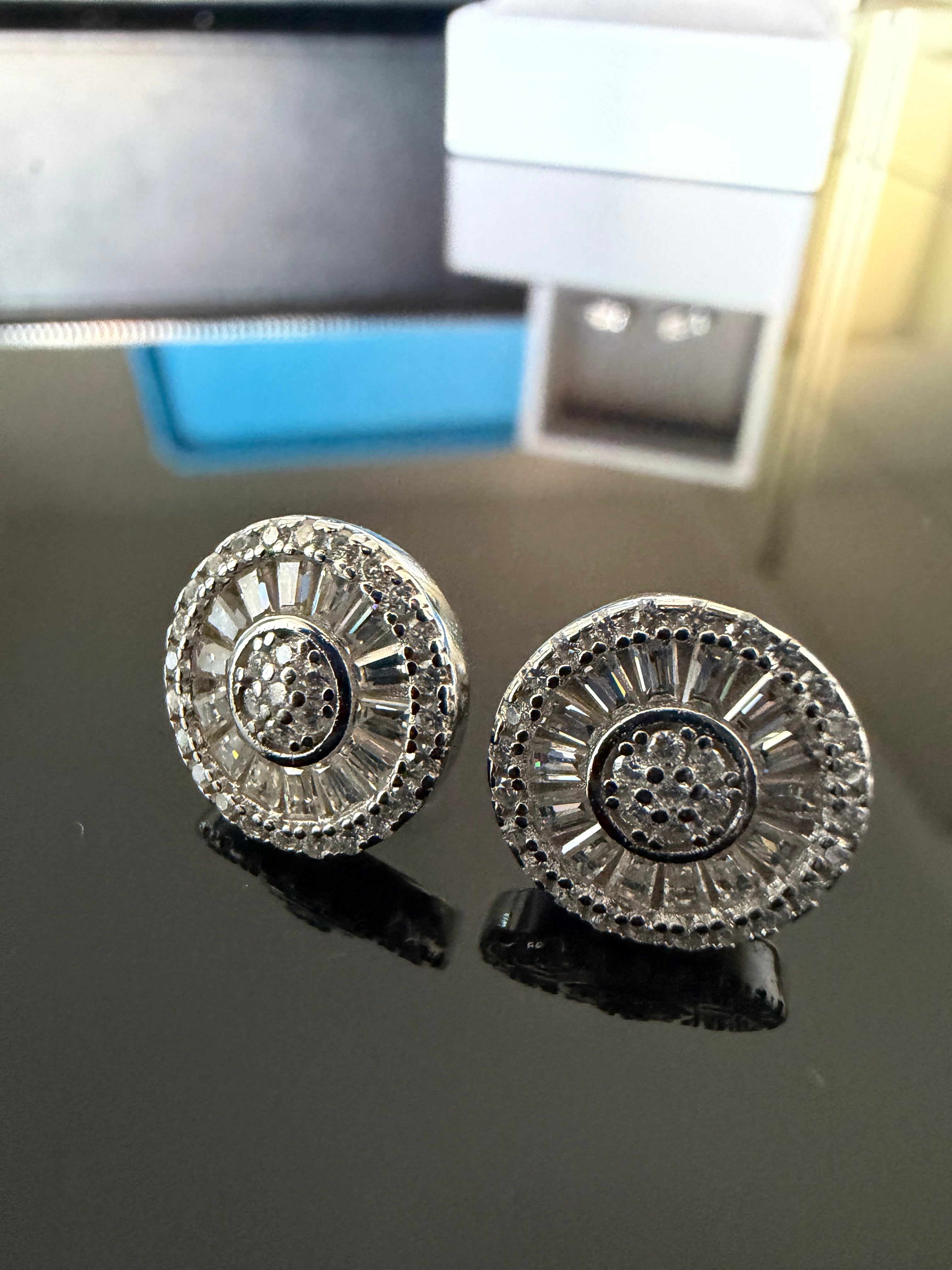 Gelati's Solar Halo Baguette FL-IF Lab Moissanite Diamond Earrings in Solid 925 Sterling Silver & 18K Vermeil Gold