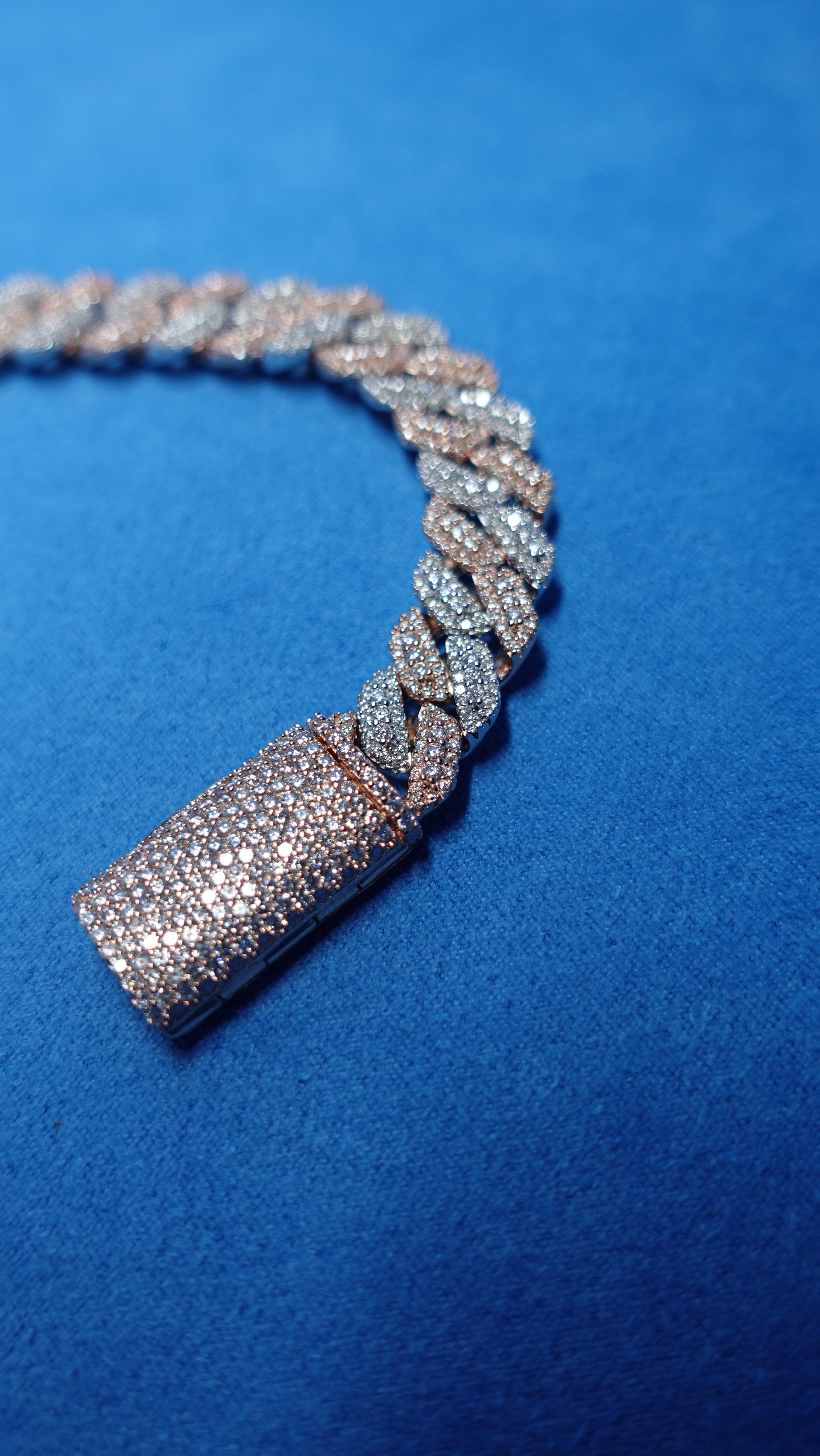 Gelati's Bespoke Mosaic Setting 14mm Two Tone FL-IF Diamond Cuban Bracelet In 925 Sterling Silver & 18k Vermeil Gold Inlay - 12 CTW