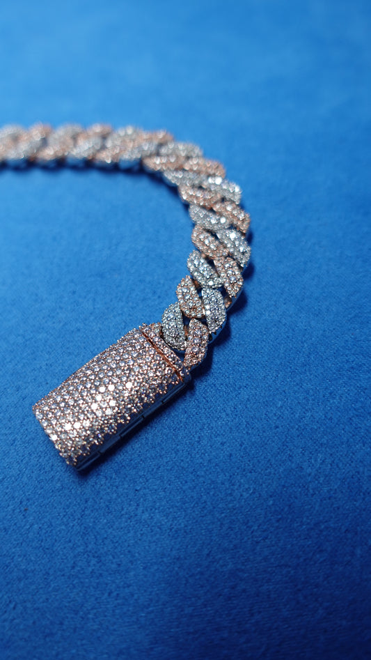 Gelati's Bespoke Mosaic Setting 14mm Two Tone FL-IF Diamond Cuban Bracelet In 925 Sterling Silver & 18k Vermeil Gold Inlay - 12 CTW