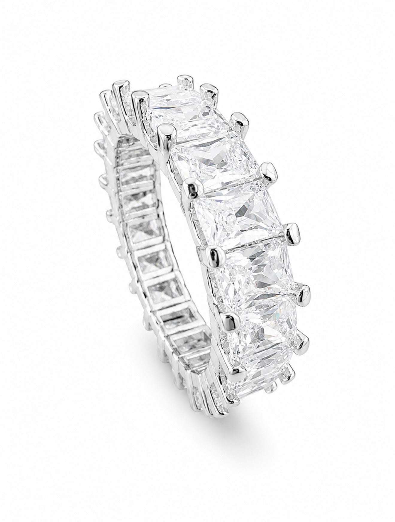 AURELIA BAGUETTE EMERALD ETERNITY RING – DVVS1/HCD MOISSANITE, 925 SILVER & 14K WHITE VERMEIL