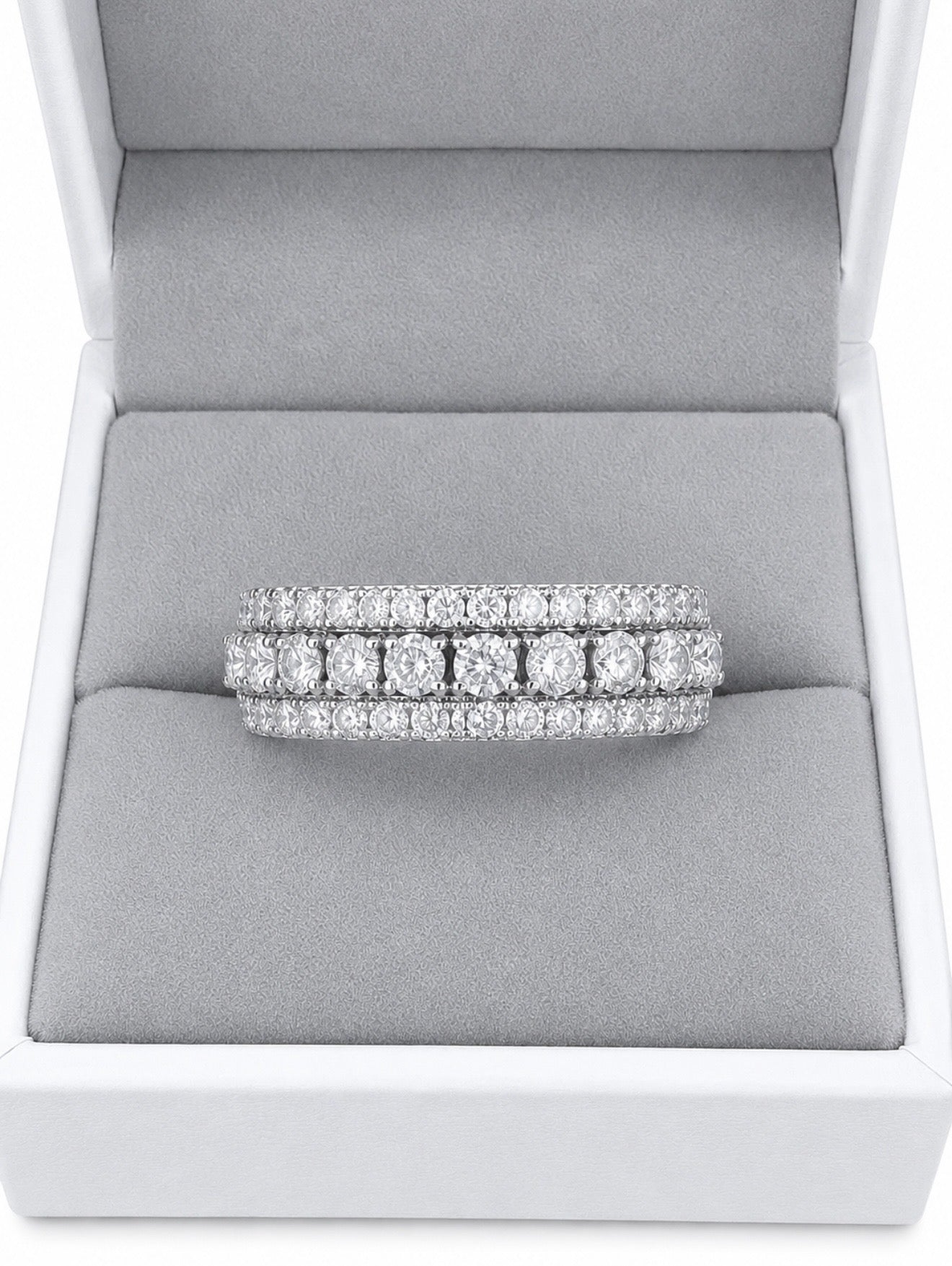 SOLARA TRI ROW ETERNITY BAND – 3CTW DVVS1/CB MOISSANITE, 925 SILVER & 18K VERMEIL