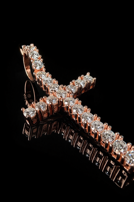 Gelati's FL-IF/Flawless Lab Moissanite Diamond Spiked Prongue Cross Pendant in Solid 925 Sterling Silver + 18k Vermeil Gold Inlay  & Free Chain Included