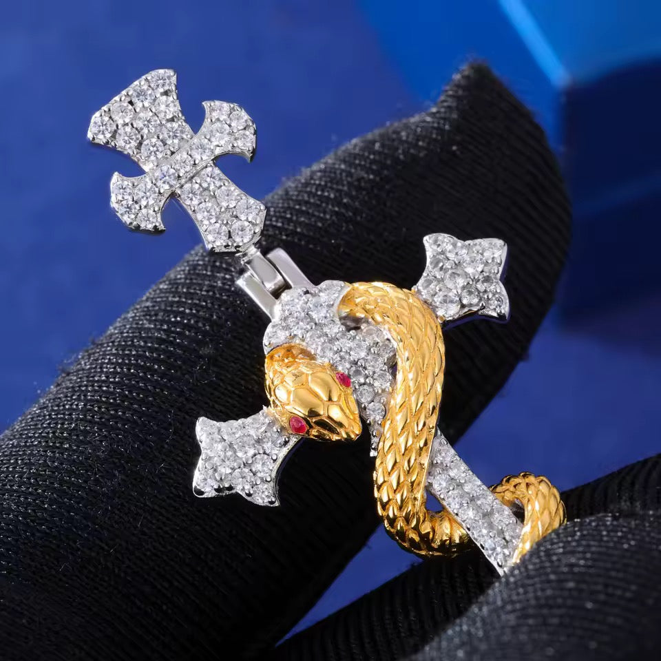 Gelati's Golden Viper Diamond Cross In Solid 925 Sterling Silver and 18k Vermeil Gold & FL-IF Lab Moissanite Diamonds + Free Silver Chain Included