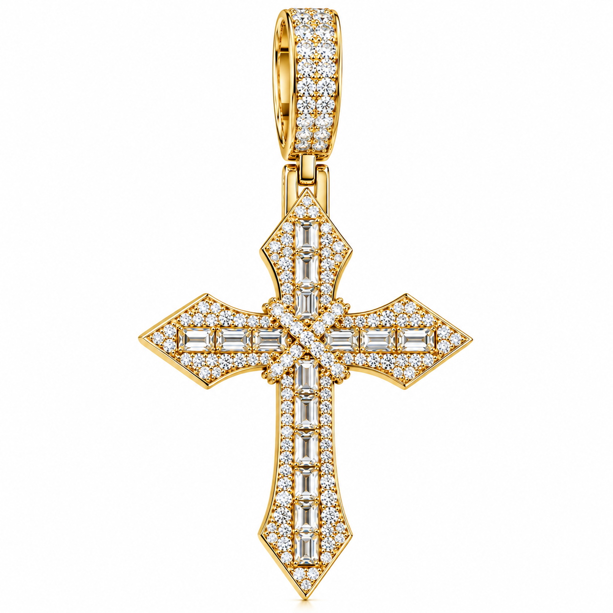 GELATI X BAGUETTE DIAMOND CROSS PENDANT | FL-IF Moissanite | Solid 925 Sterling Silver | 18K Vermeil Gold | Rope Chain Included