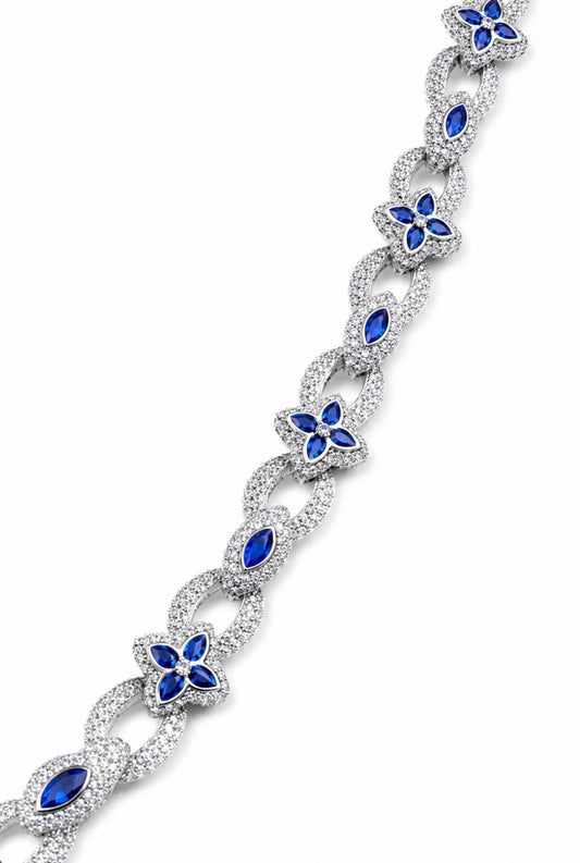 CELESTE CLOVER CUBAN NECKLACE – SAPPHIRE & FL–IF MOISSANITE / CB DIAMONDS, 925 SILVER & 18K VERMEIL