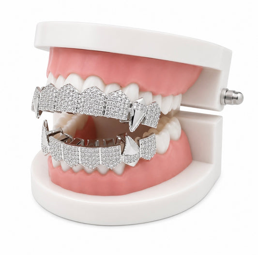 GELATI GRILLZ DIAMOND SHARP CUT 6 ON 6 BLACK TITANIUM SET – MICRO PAVE CARBON SYNTHETIC DIAMONDS & 18K GOLD INSERTS