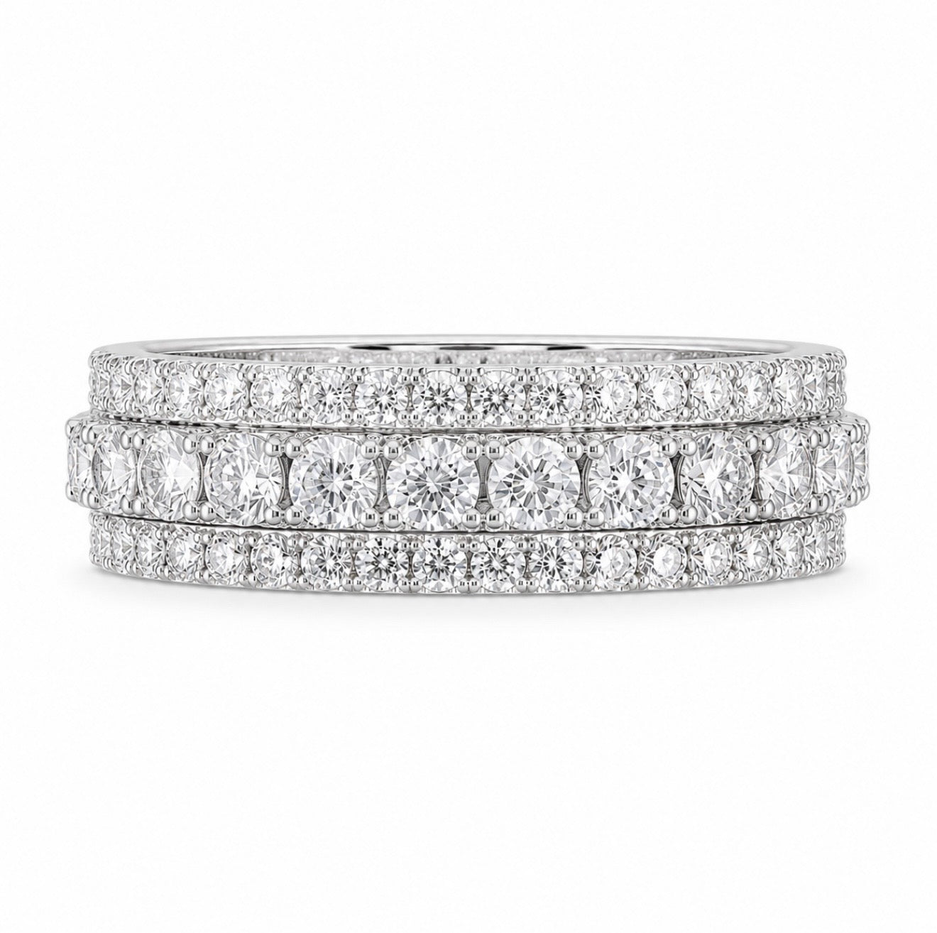 SOLARA TRI ROW ETERNITY BAND – 3CTW DVVS1/CB MOISSANITE, 925 SILVER & 18K VERMEIL