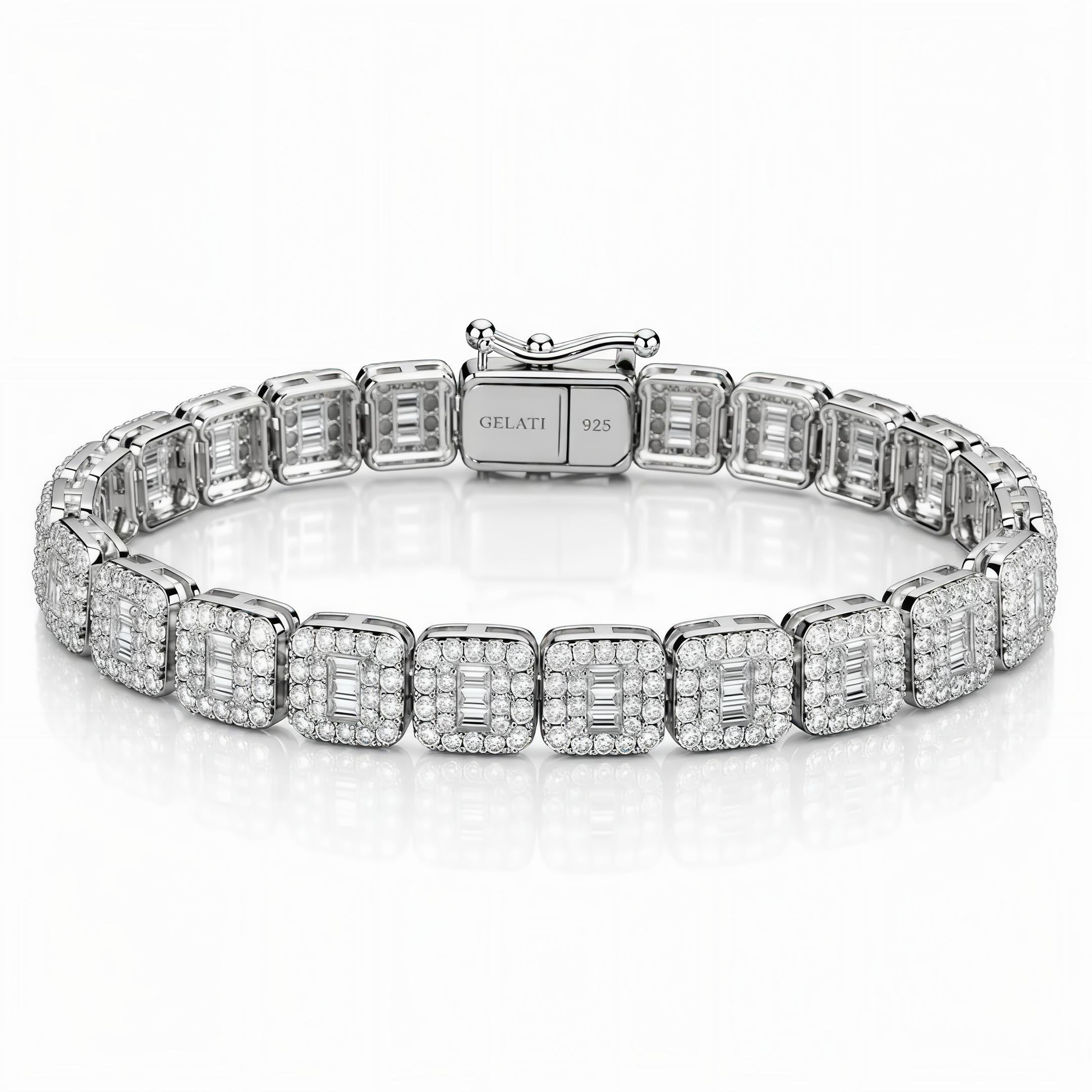 GELATI | BAGUETTE HALO DIAMOND BRACELET — 925 SILVER & 18K VERMEIL GOLD — FL-IF Lab Moissanite