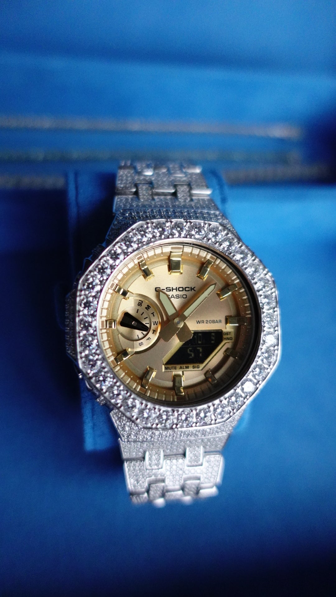 Gelati's Custom BussDown 35 CT G-shock In FL-Flawless Lab Moissanite Diamonds & Solid 925 Sterling silver and 18k Vermeil Gold - Limited Gold Dial Edition