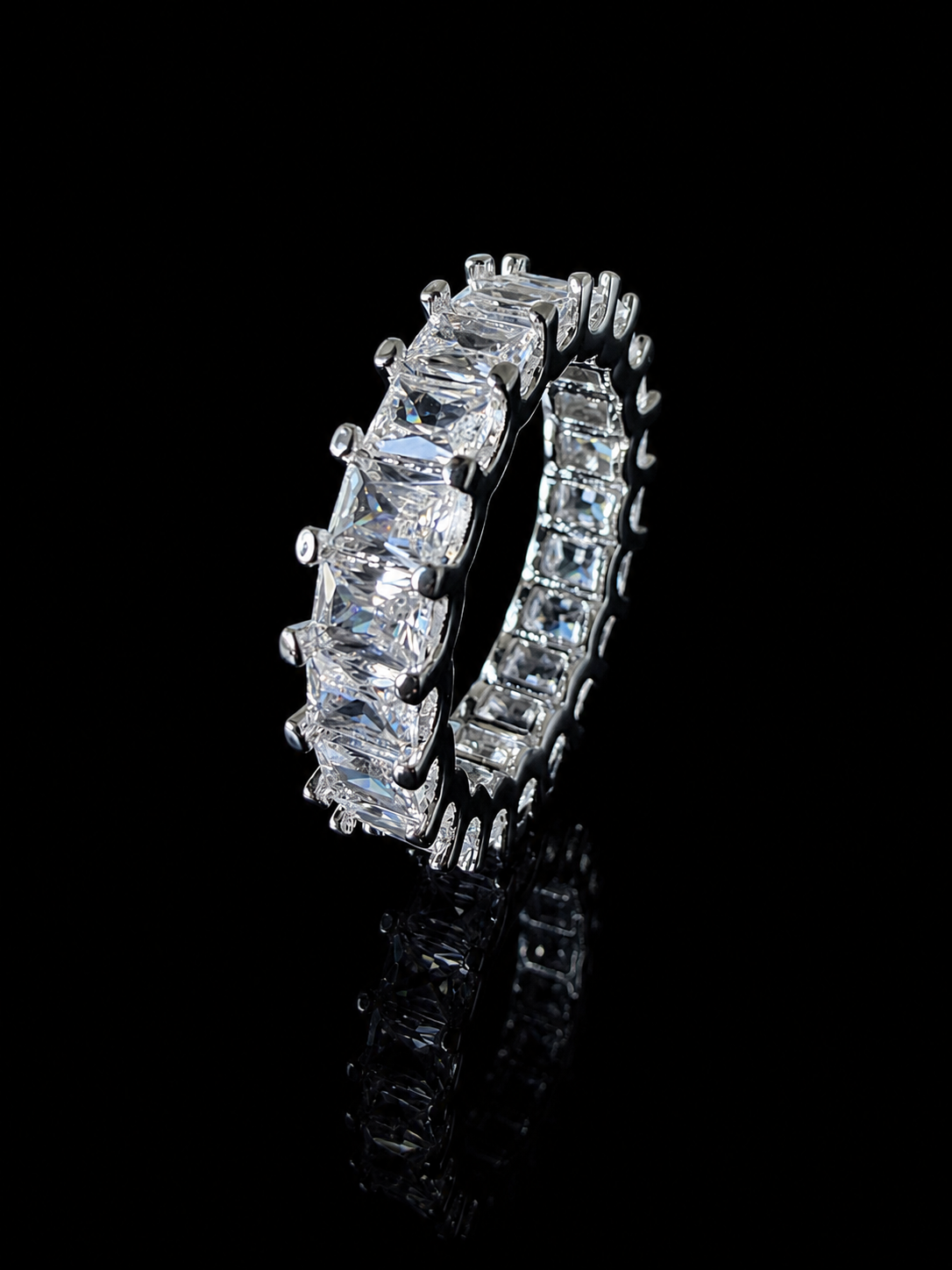 Aurelia Baguette Emerald Eternity Ring – DVVS1/CB Moissanite, 925 Silver & 14K White Vermeil