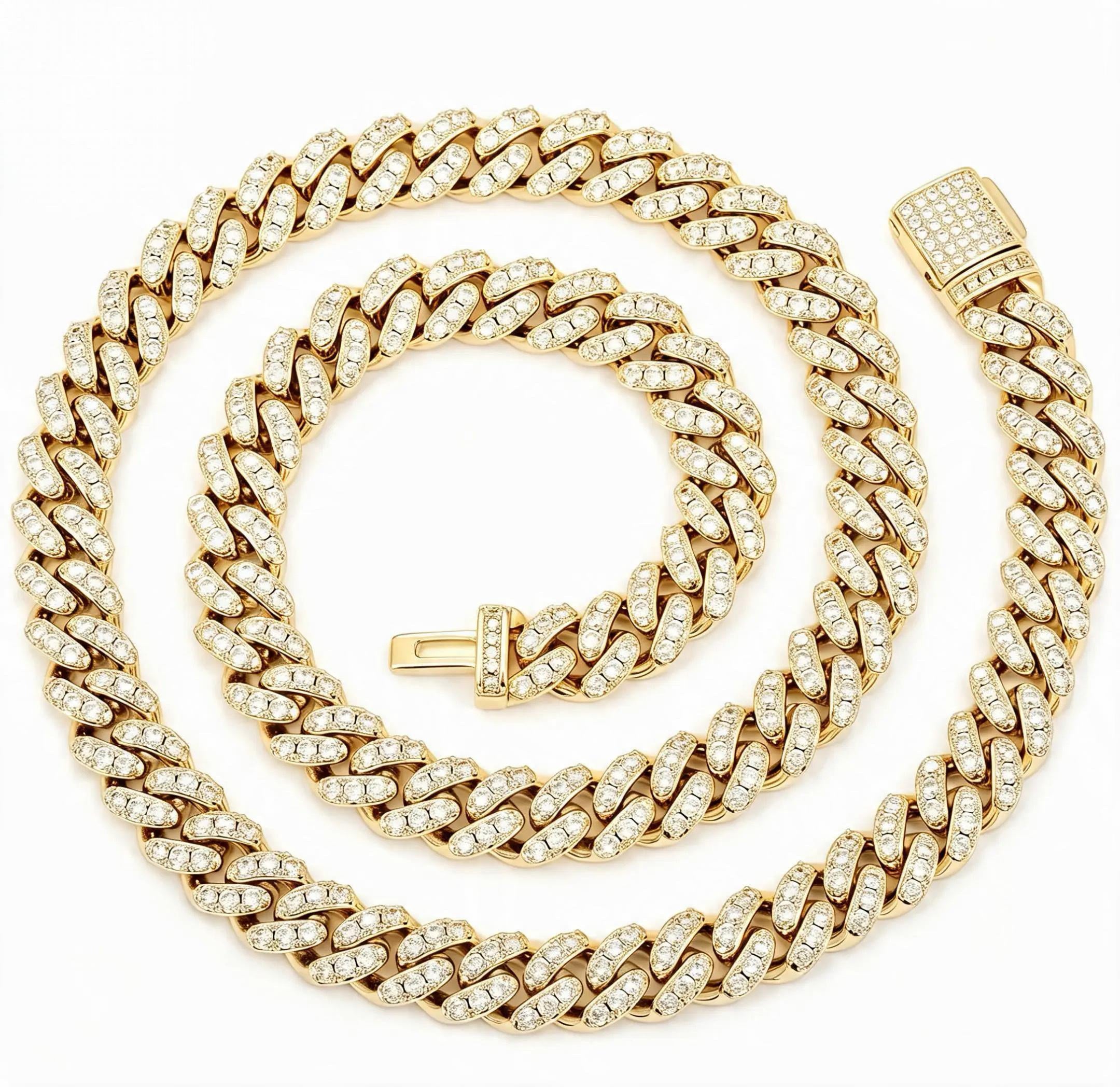 Gelati's Glaciale HCD/DVVS1 Lab Moissanite 10MM Prongue Miami Link Cuban Necklace in Steel & 18k Vermeil Gold Inlay