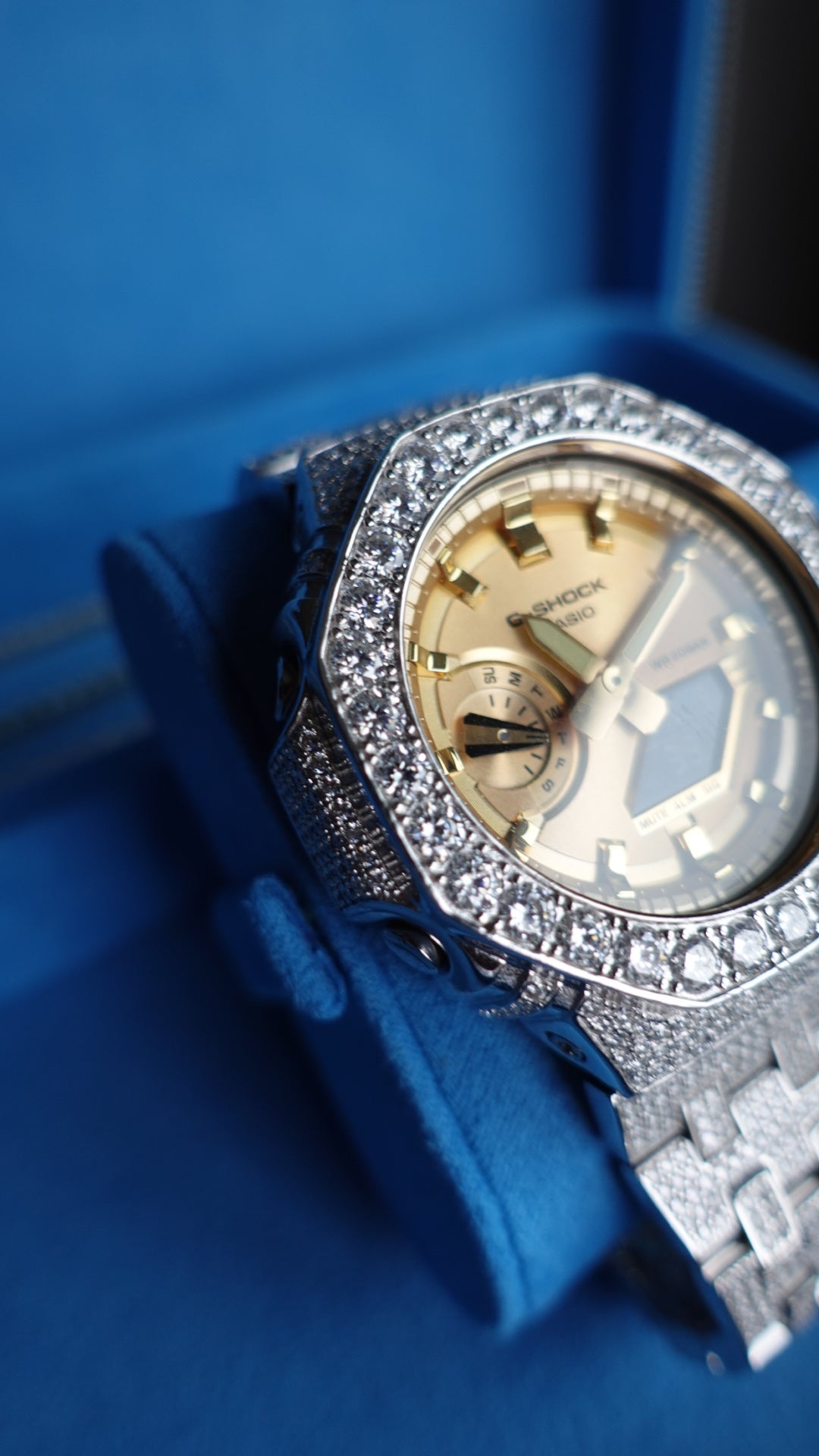 Gelati's Custom BussDown 35 CT G-shock In FL-Flawless Lab Moissanite Diamonds & Solid 925 Sterling silver and 18k Vermeil Gold - Limited Gold Dial Edition