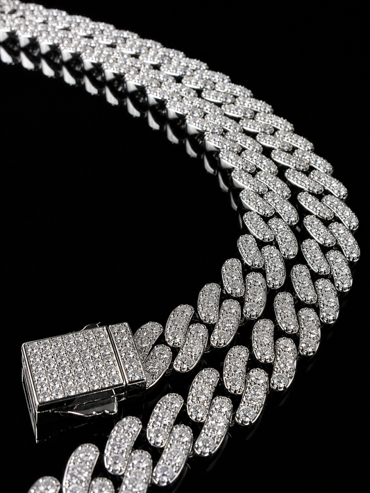 Gelati's Glaciale CB/DVVS1 Lab Moissanite 10MM Prongue Miami Link Cuban Necklace in Solid Titanium & 18k Vermeil Gold Inlay