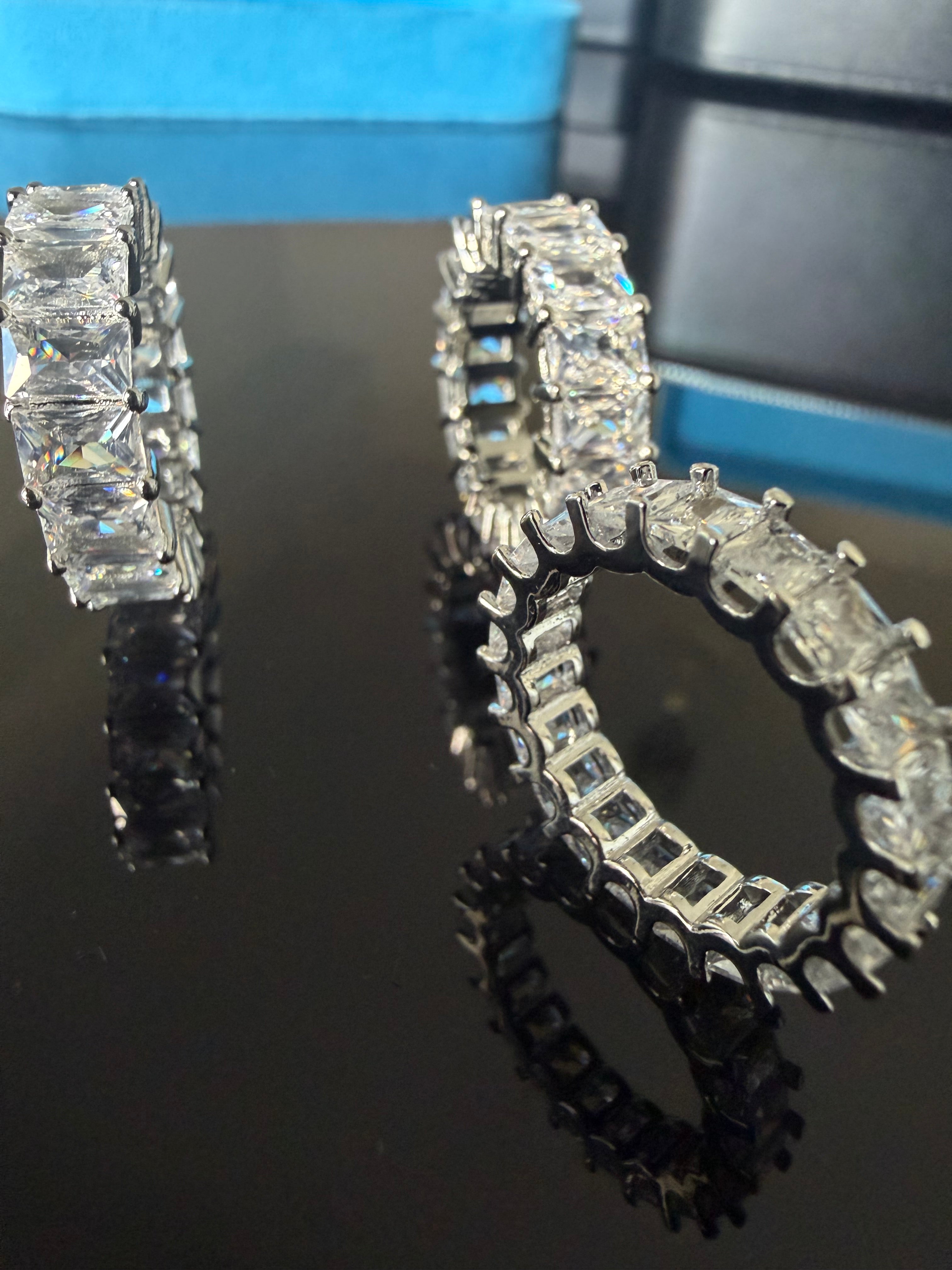 Gelati's Baguette Emerald Cut DVVS1/CB Lab Moissante 3MM Eternity Ring in 925 Sterling Silver & 14k White Vermeil Gold Inlay