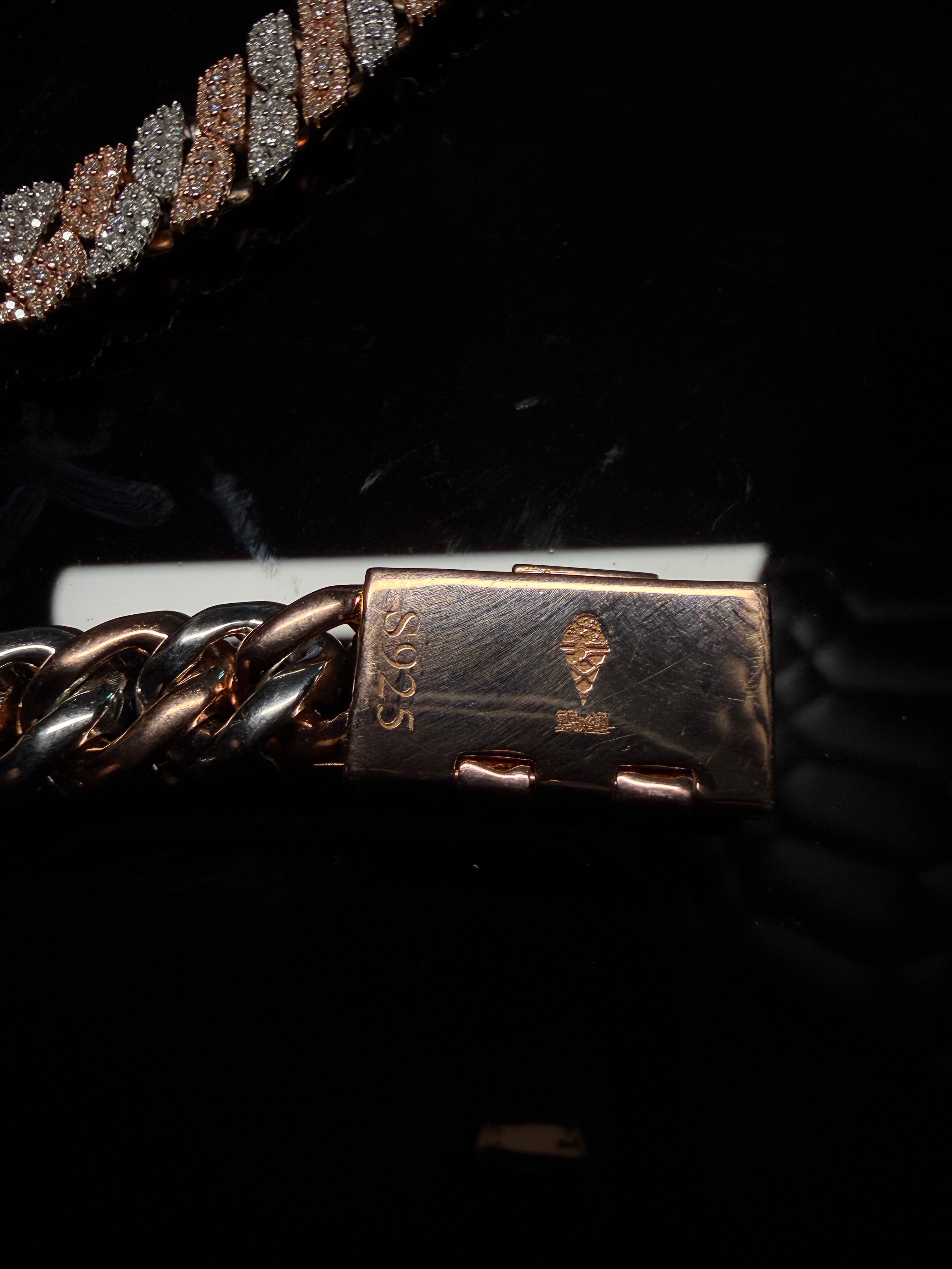 Gelati's Bespoke 3EX FL-IF Flawless GRA Lab Moissanite Diamond 14MM Miami Mosaic Setting Tri Row Cuban Link Necklace in Solid 925 Sterling Silver & 18k Vermeil Gold Inlay