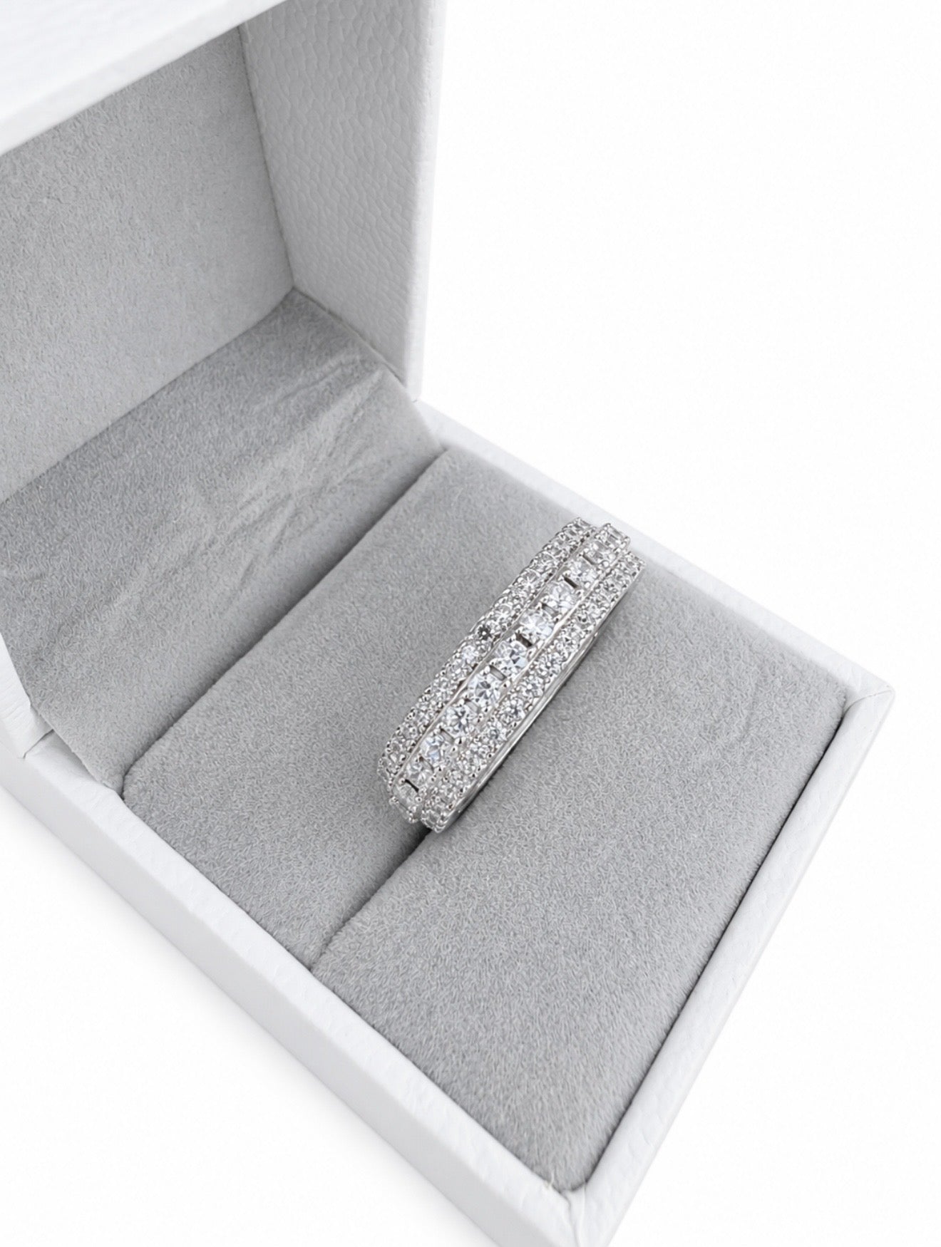 SOLARA TRI ROW ETERNITY BAND – 3CTW DVVS1/CB MOISSANITE, 925 SILVER & 18K VERMEIL