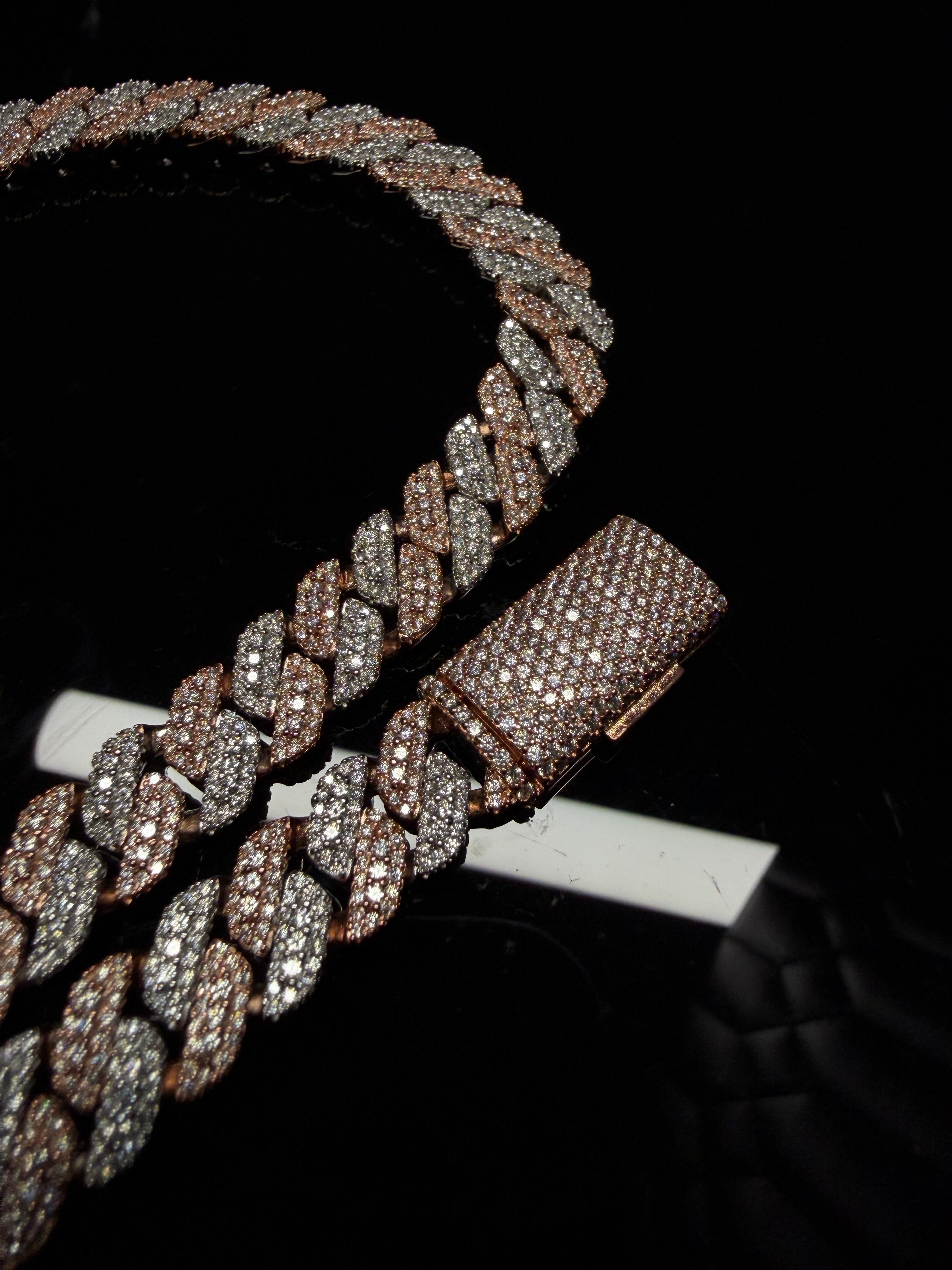 Gelati's Bespoke 3EX FL-IF Flawless GRA Lab Moissanite Diamond 14MM Miami Mosaic Setting Tri Row Cuban Link Necklace in Solid 925 Sterling Silver & 18k Vermeil Gold Inlay