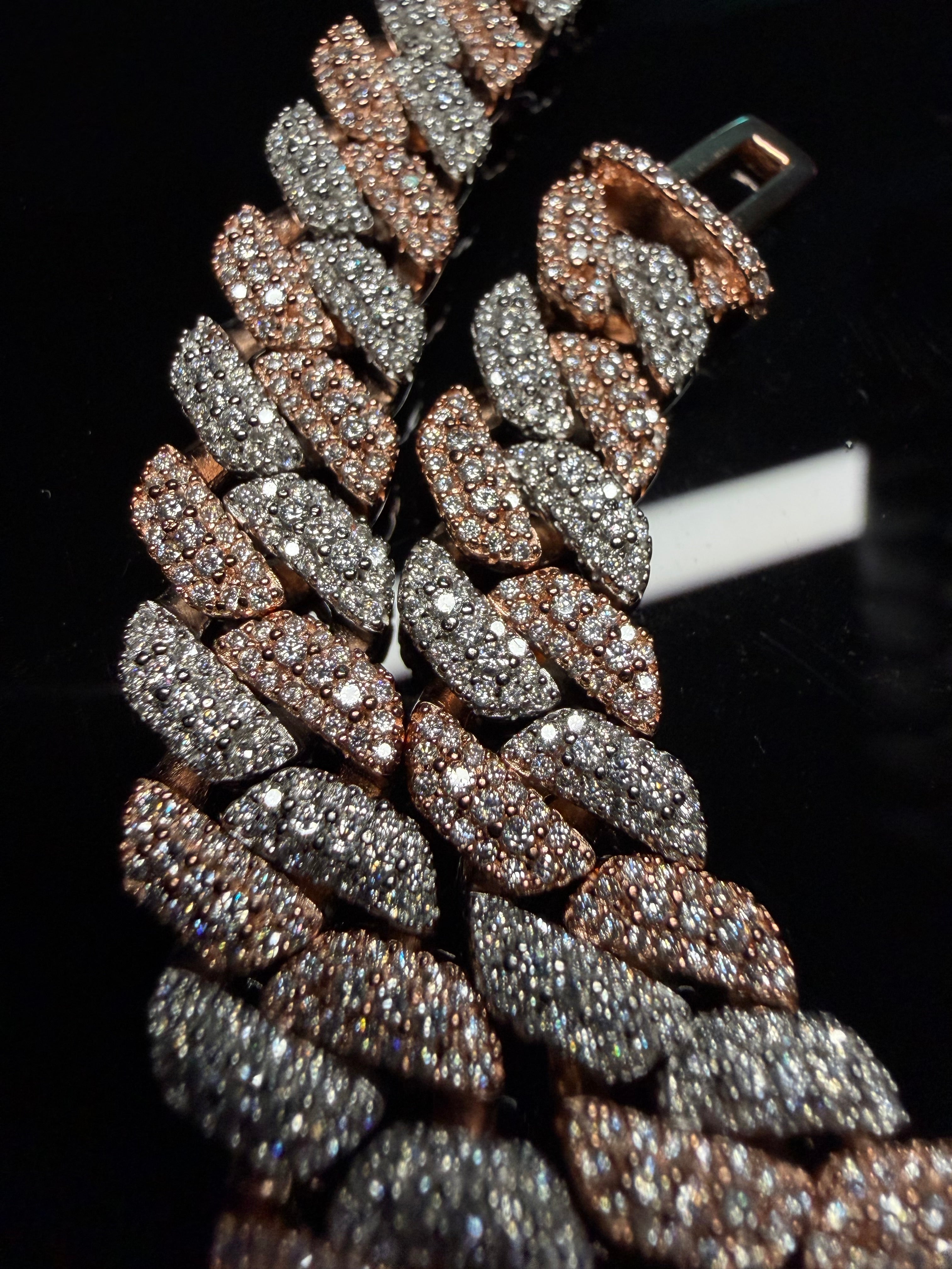 Gelati's Bespoke 3EX FL-IF Flawless GRA Lab Moissanite Diamond 14MM Miami Mosaic Setting Tri Row Cuban Link Necklace in Solid 925 Sterling Silver & 18k Vermeil Gold Inlay