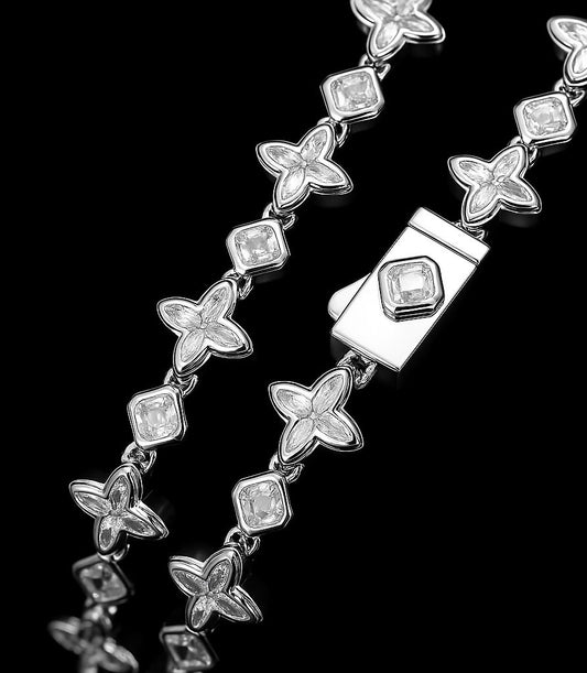 Gelati's FL-IF Baguette Bespoke Clover Lab Moissanite Diamond Custom Lock Bracelet in solid 925 Sterling Silver & 18k Vermeil Gold