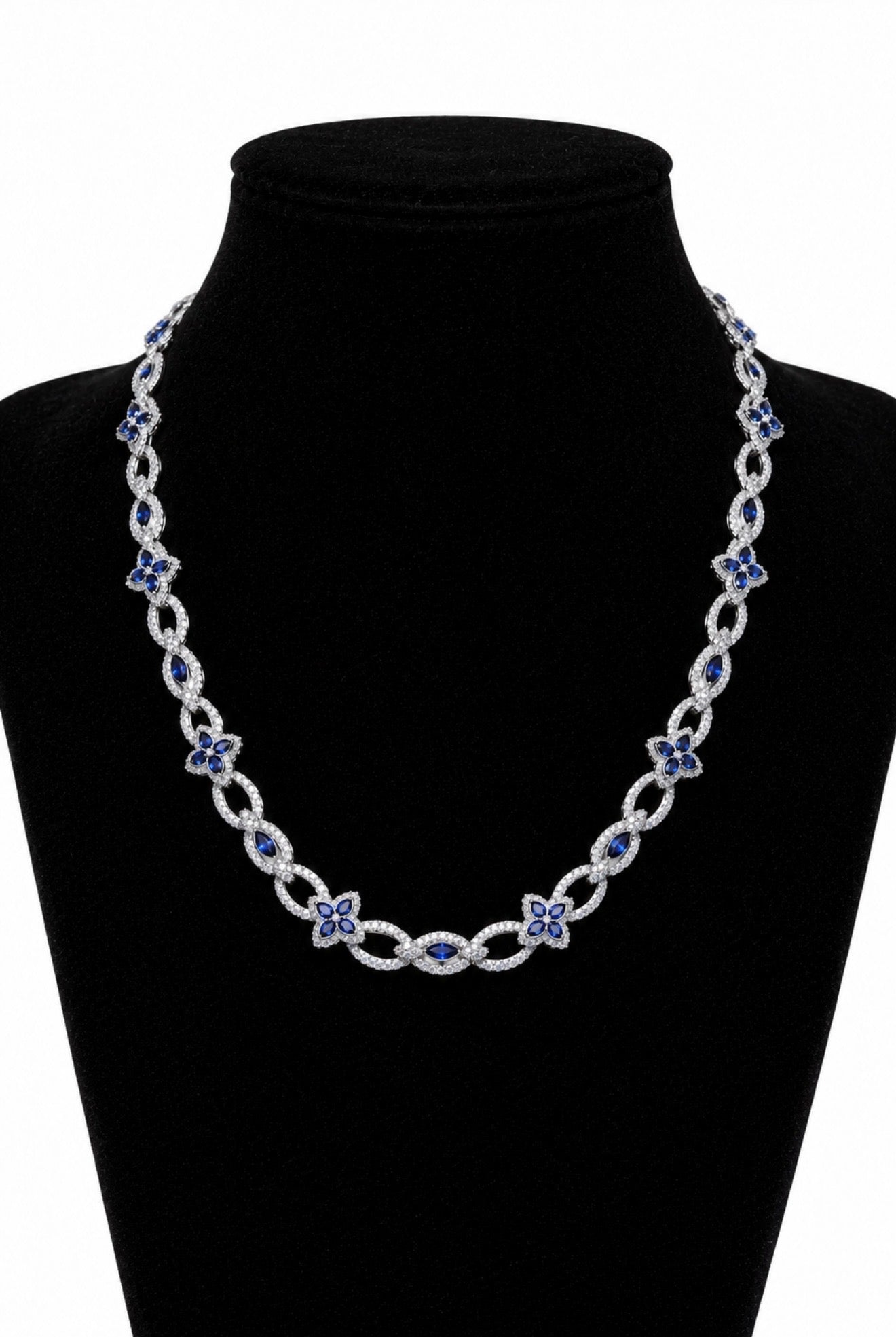 CELESTE CLOVER CUBAN NECKLACE – SAPPHIRE & FL–IF MOISSANITE / HCD DIAMONDS, 925 SILVER & 18K VERMEIL