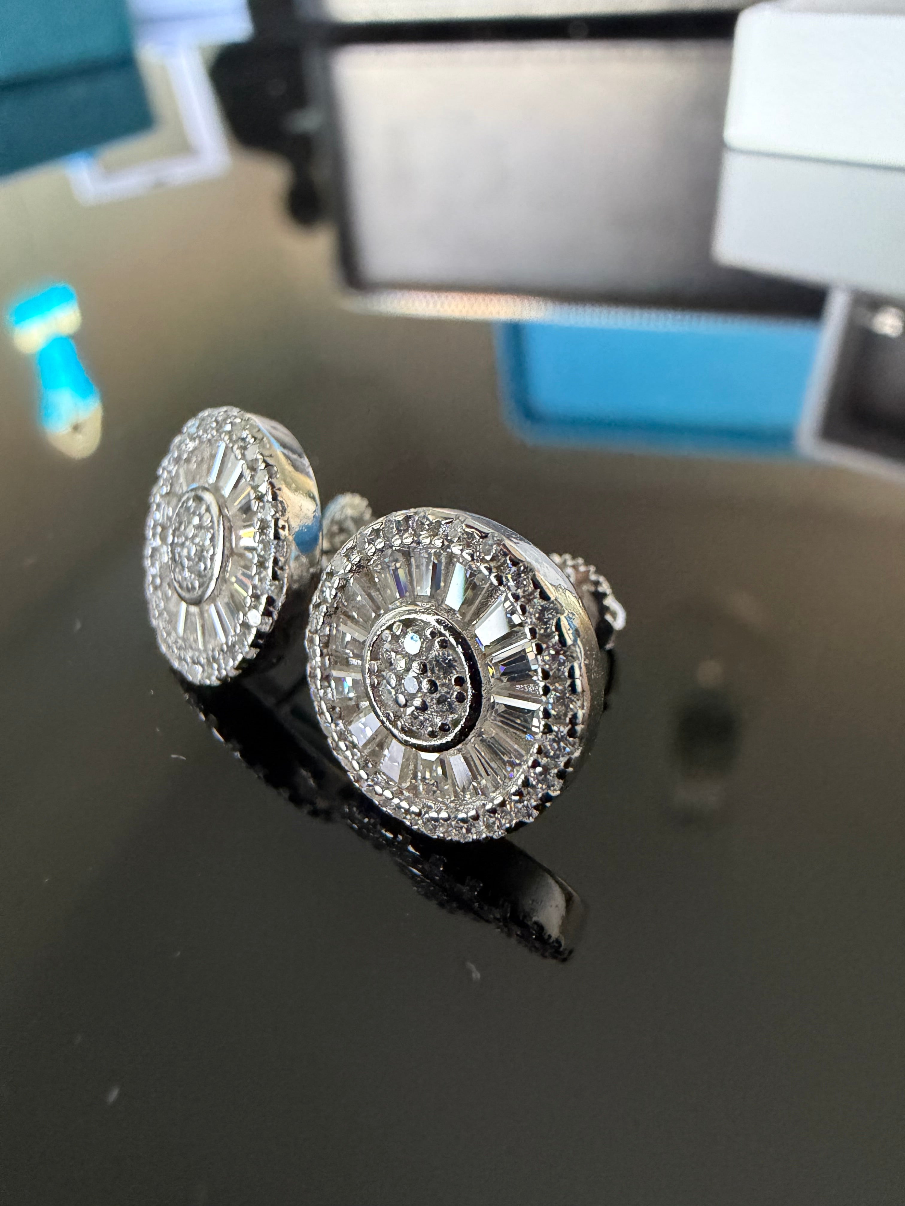 Gelati's Solar Halo Baguette FL-IF Lab Moissanite Diamond Earrings in Solid 925 Sterling Silver & 18K Vermeil Gold