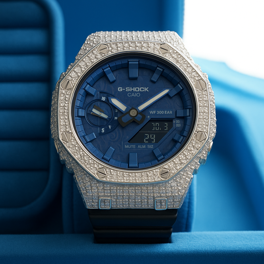 Gelati's Custom 20 CT G-shock In FL-Flawless Lab Moissanite Diamonds & Solid 925 Sterling silver and 18k Vermeil Gold - Limited Blue Paisley Dial Edition