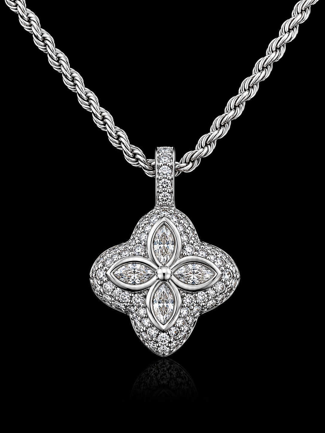 Carbon Diamond Marquise Clover Pendant – Titanium & 18K Vermeil Gold (Free Chain Included)