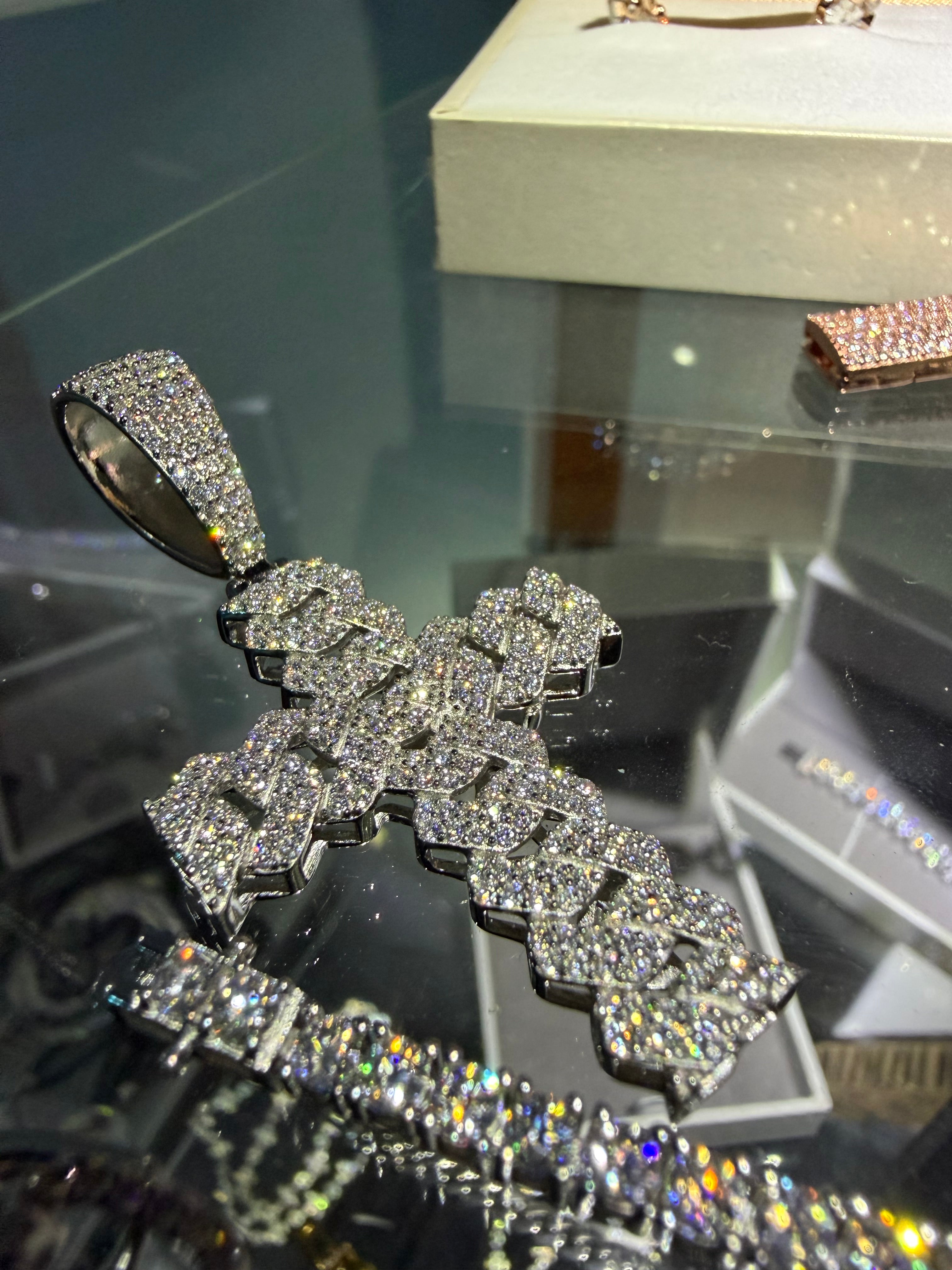 Gelati's Custom Miami Link FL-IF Lab Moissanite Diamond Cross Pendant in 925 Sterling Silver & 18k Vermeil Gold + Free silver chain included