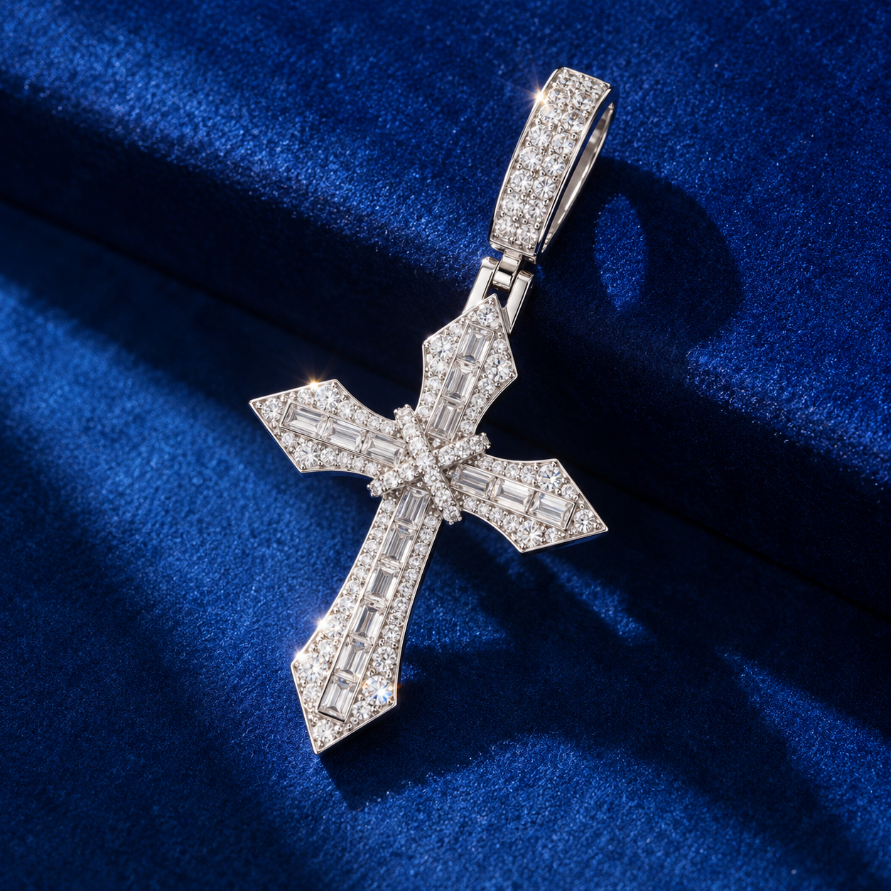 GELATI X BAGUETTE DIAMOND CROSS PENDANT | FL-IF Moissanite | Solid 925 Sterling Silver | 18K Vermeil Gold | Rope Chain Included