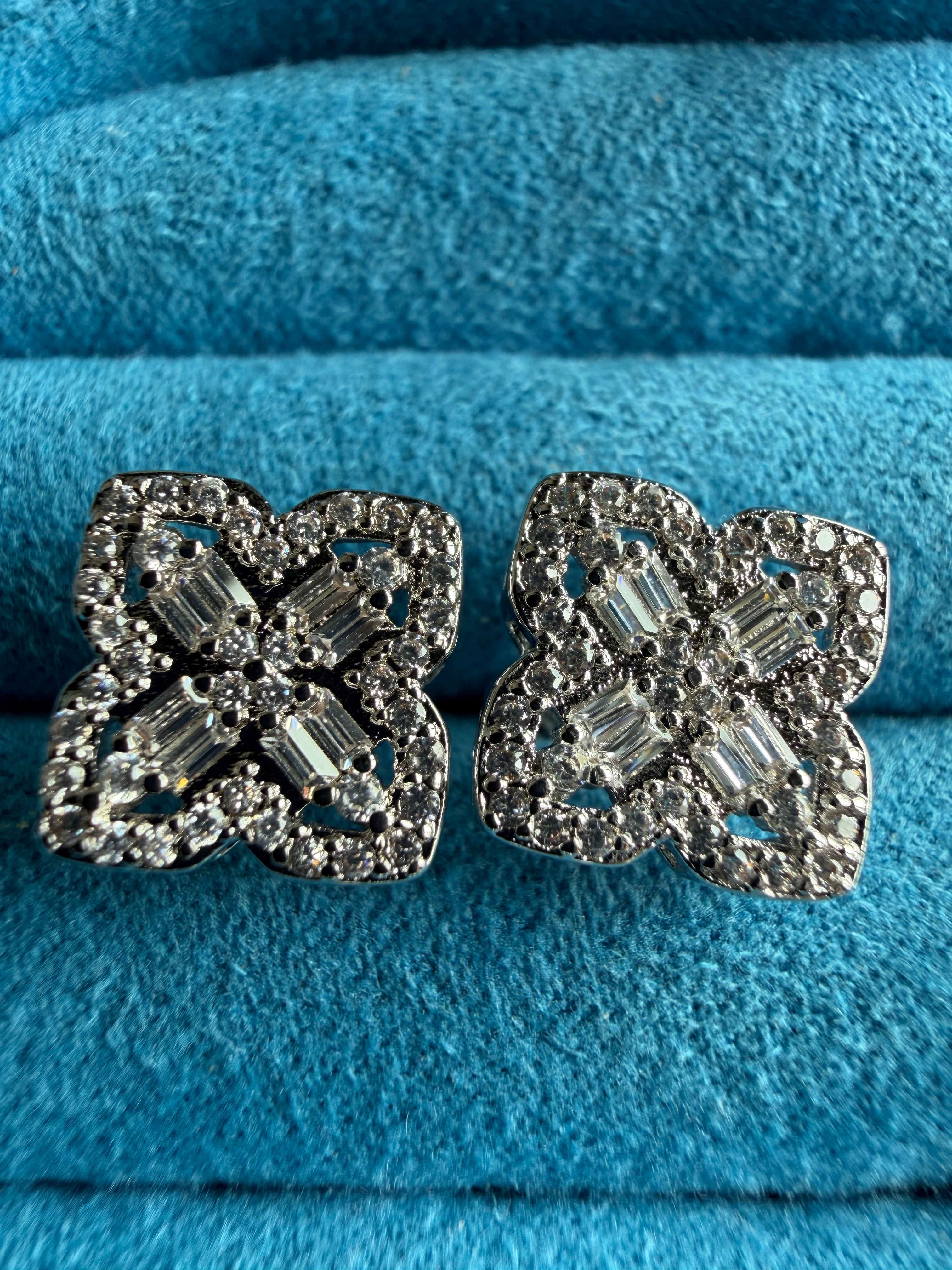 Gelati's FL-IF Lab Moissanite Diamond Baguette Clover Earrings in 925 Sterling Silver & 18K Vermeil White Gold
