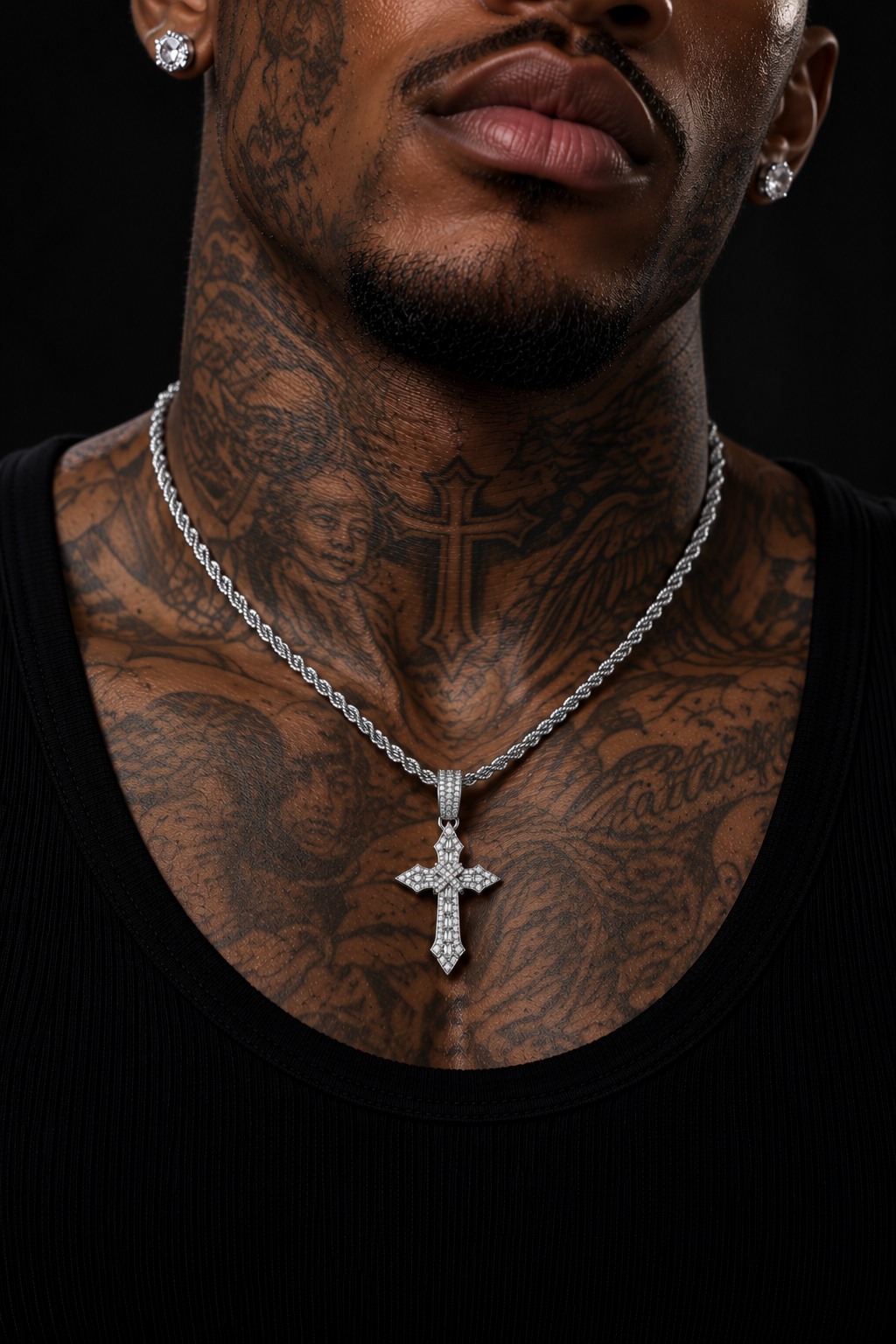 GELATI X BAGUETTE DIAMOND CROSS PENDANT | FL-IF Moissanite | Solid 925 Sterling Silver | 18K Vermeil Gold | Rope Chain Included