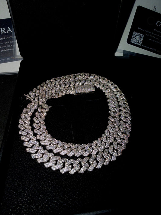 Gelati's Bespoke 14MM "Bipolar" Miami Link Pave Setting FL-IF FLAWLESS 3EX D-Color Lab Moissanite Diamond Cuban Necklace In Solid 925 Sterling Silver & 18K Vermeil Gold Inlay