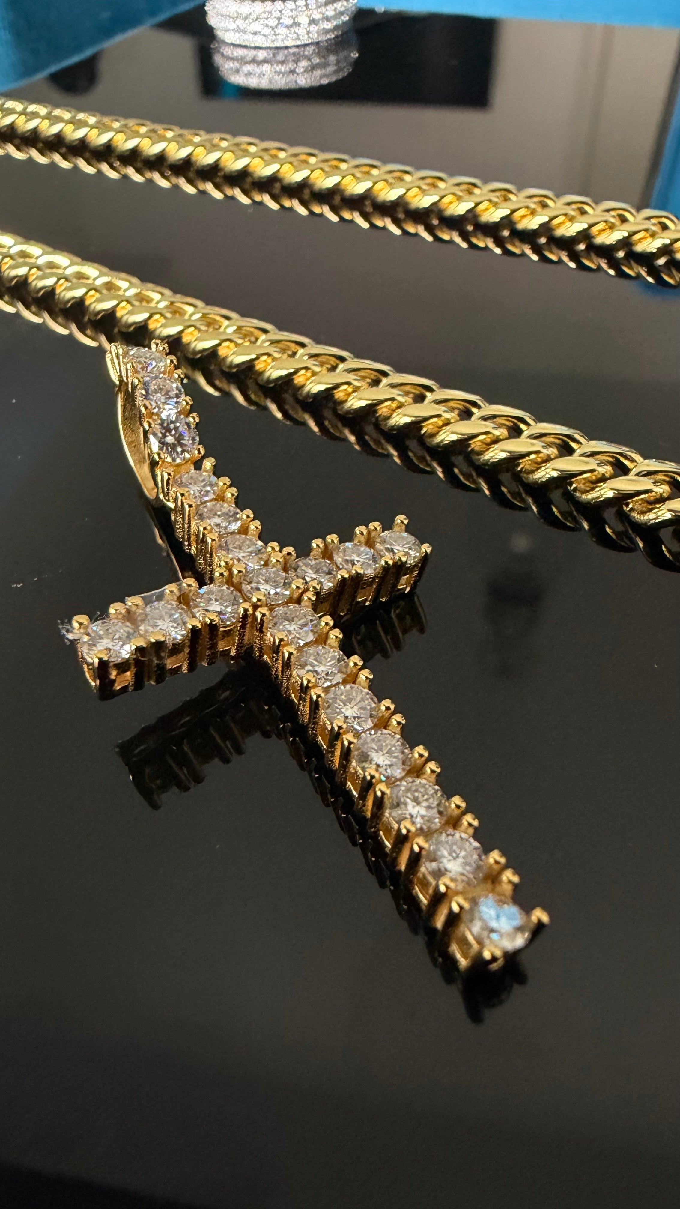 Gelati's FL-IF/Flawless Lab Moissanite Diamond Spiked Prongue Cross Pendant in Solid 925 Sterling Silver + 18k Vermeil Gold Inlay  & Free Chain Included