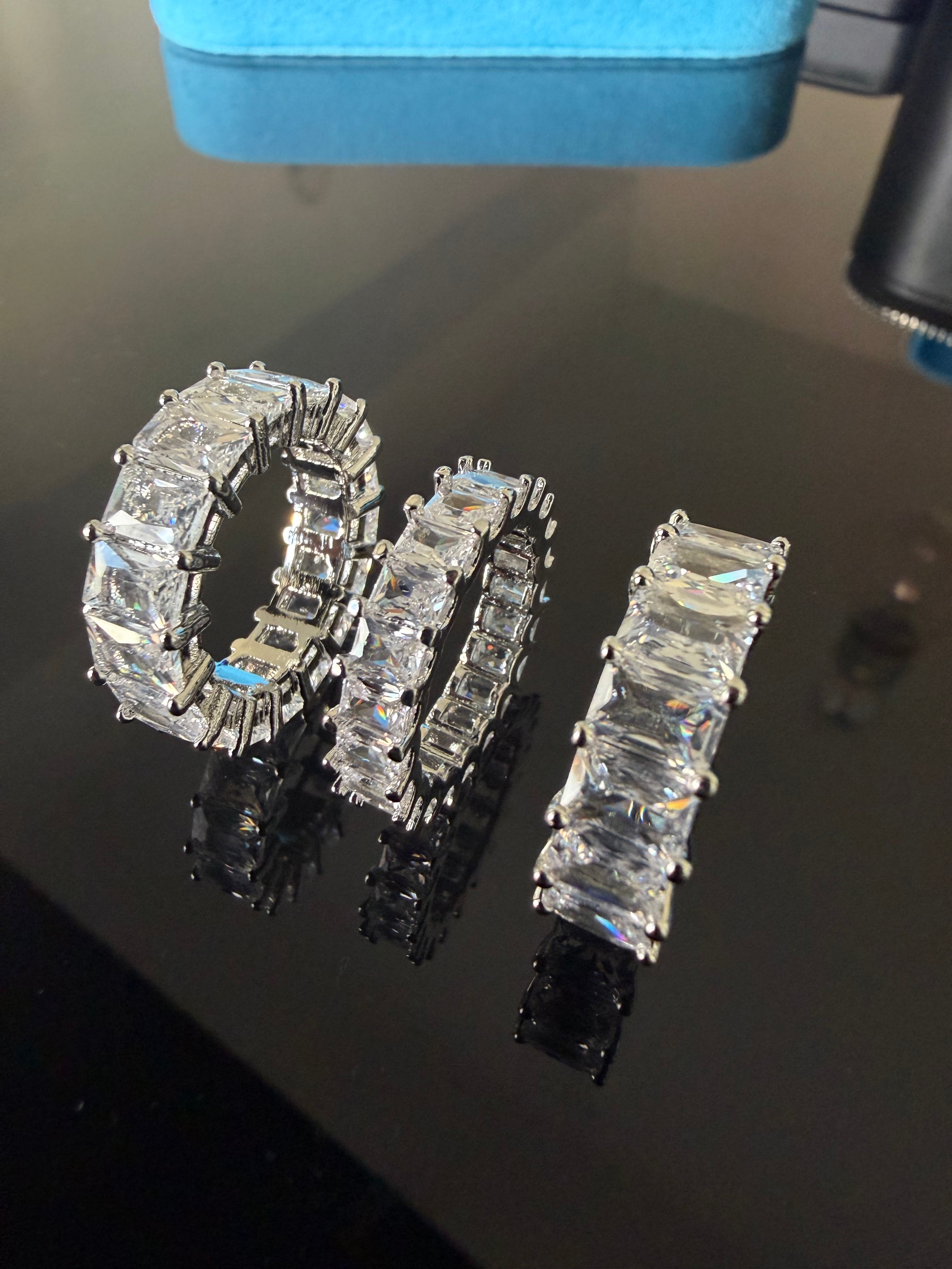 Gelati's Baguette Emerald Cut DVVS1/CB Lab Moissante 3MM Eternity Ring in 925 Sterling Silver & 14k White Vermeil Gold Inlay