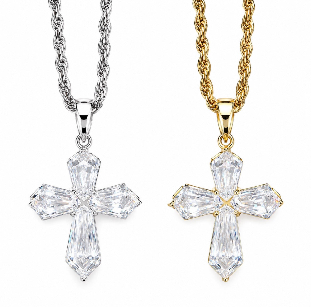 GELATI’S BESPOKE 925 SILVER DIAMOND BAGUETTE CROSS PENDANT WITH 18K VERMEIL GOLD INSERTS