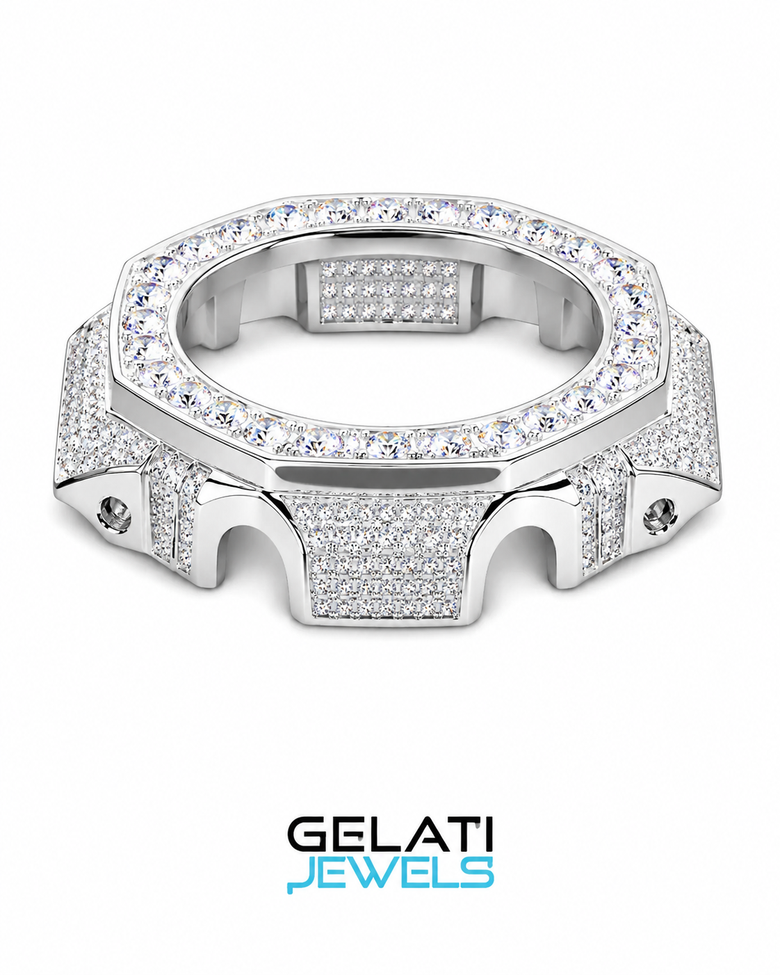 Gelati's Custom G-Shock GA2100 FL-IF Lab Moissanite Diamond Case In Solid 925 Sterling Silver & 18k Vermeil White Gold