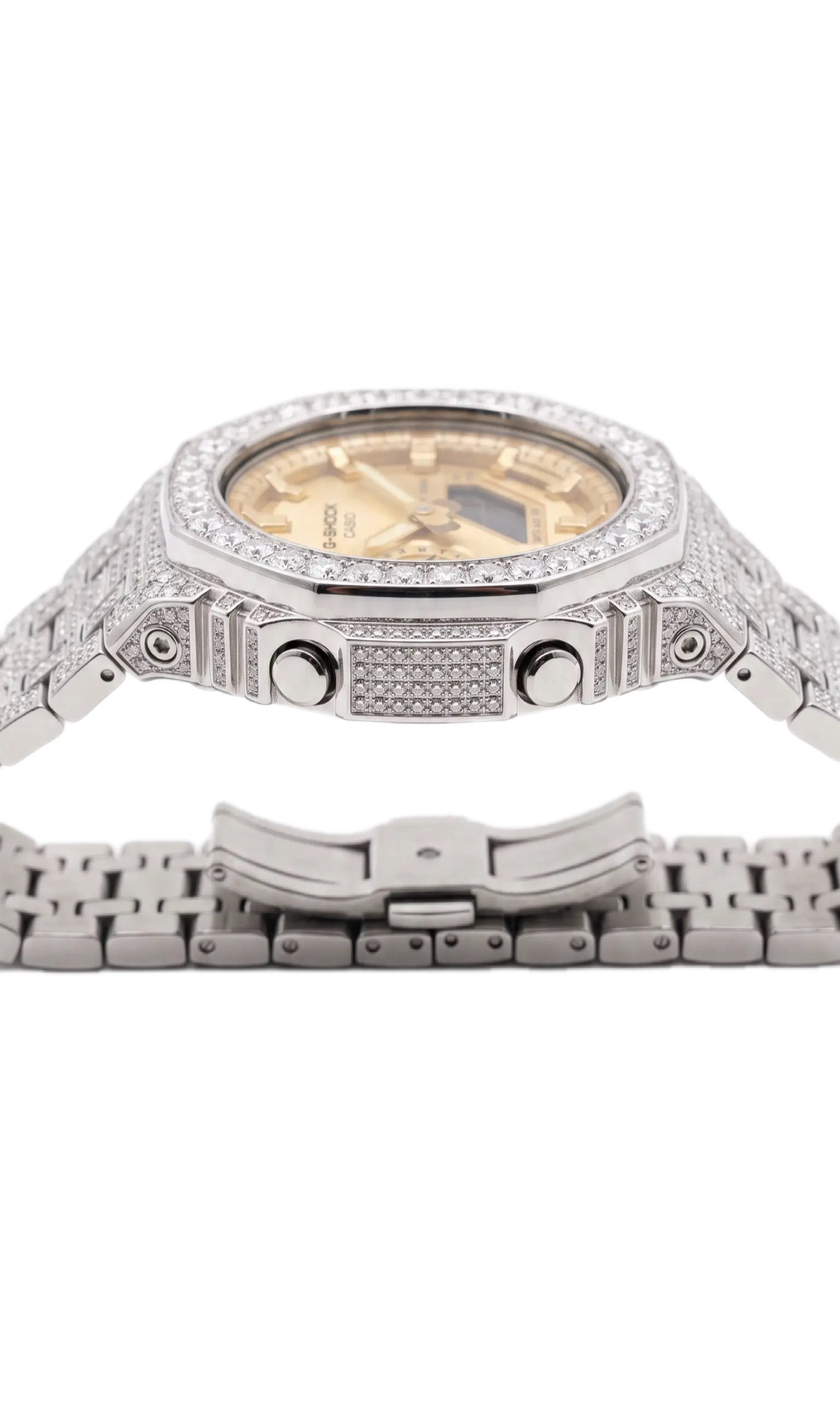 Gelati Custom Bussdown G-shock – 35CT FL-IF Moissanite, 925 Silver & 18K Vermeil (Gold Dial Edition)