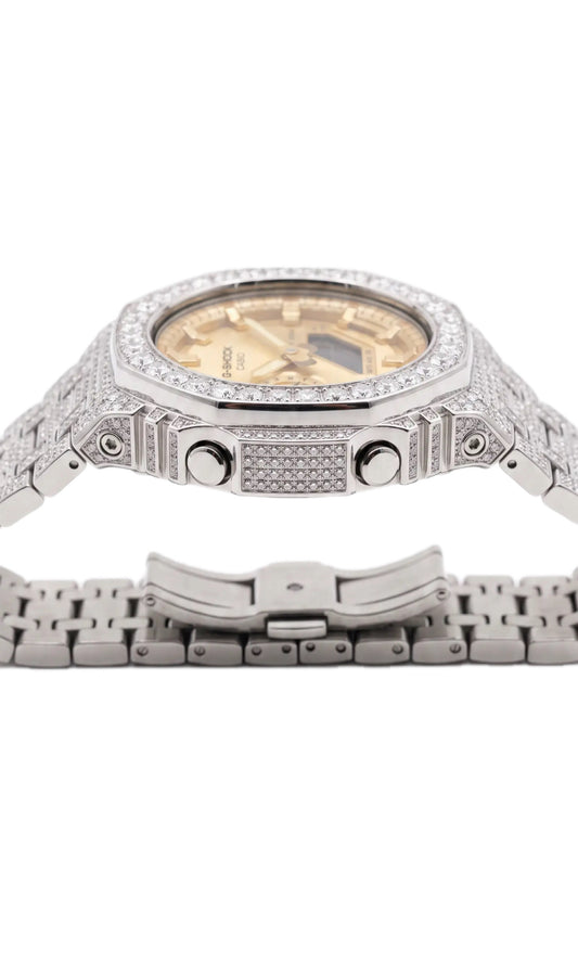 Gelati Custom Bussdown G-shock – 35CT FL-IF Moissanite, 925 Silver & 18K Vermeil (Gold Dial Edition)