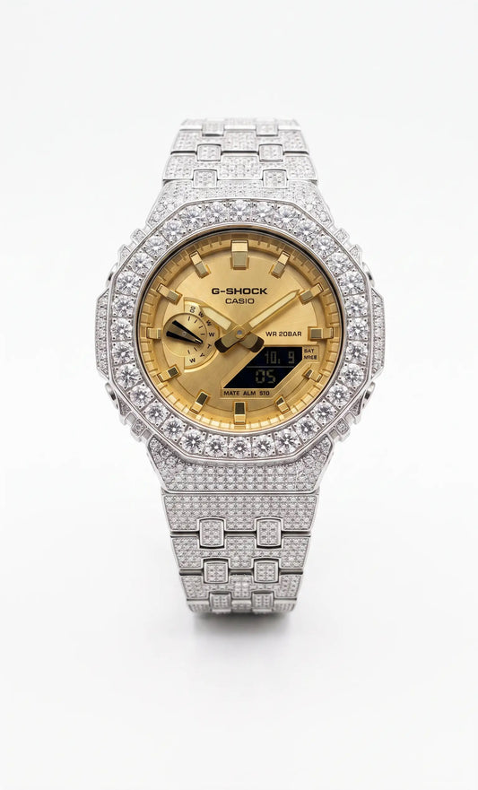 Gelati Custom Bussdown G-shock – 35CT FL-IF Moissanite, 925 Silver & 18K Vermeil (Gold Dial Edition)