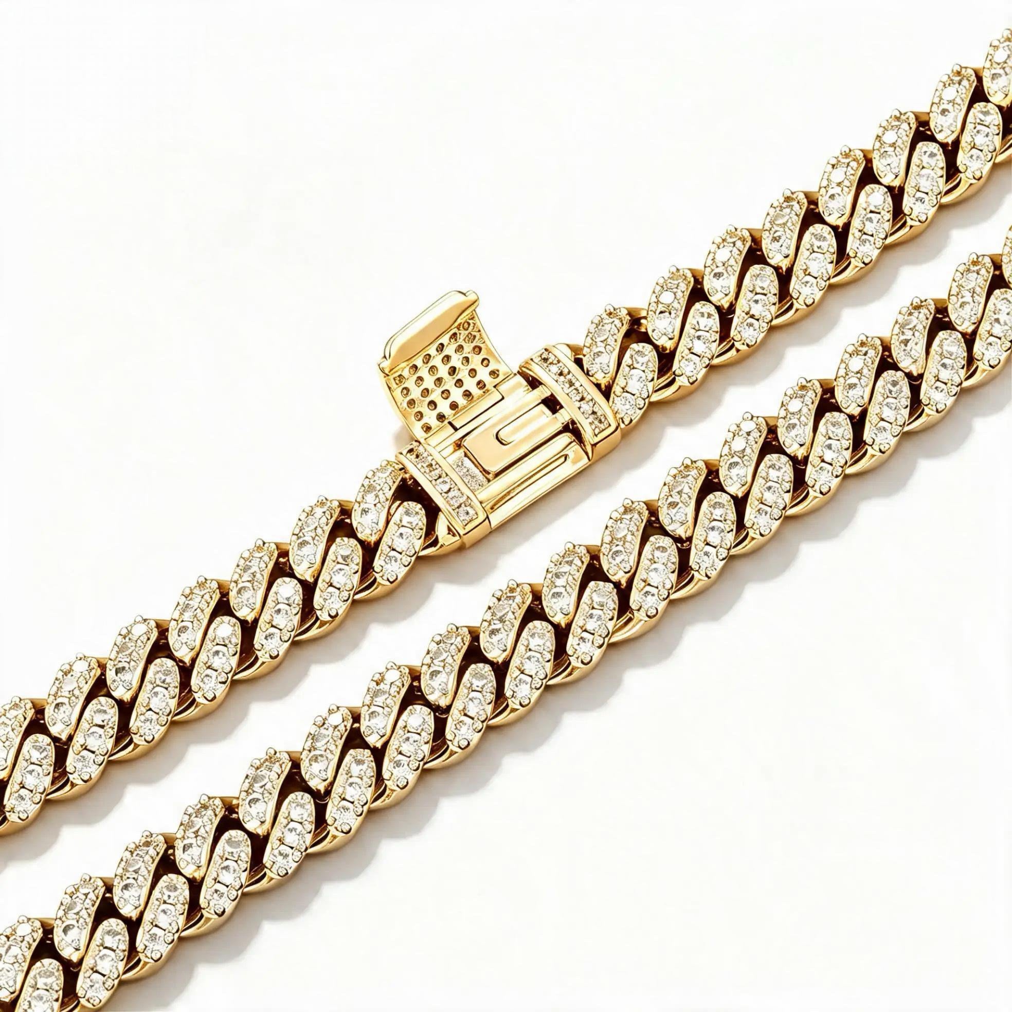 Gelati's Glaciale HCD/DVVS1 Lab Moissanite 10MM Prongue Miami Link Cuban Necklace in Steel & 18k Vermeil Gold Inlay