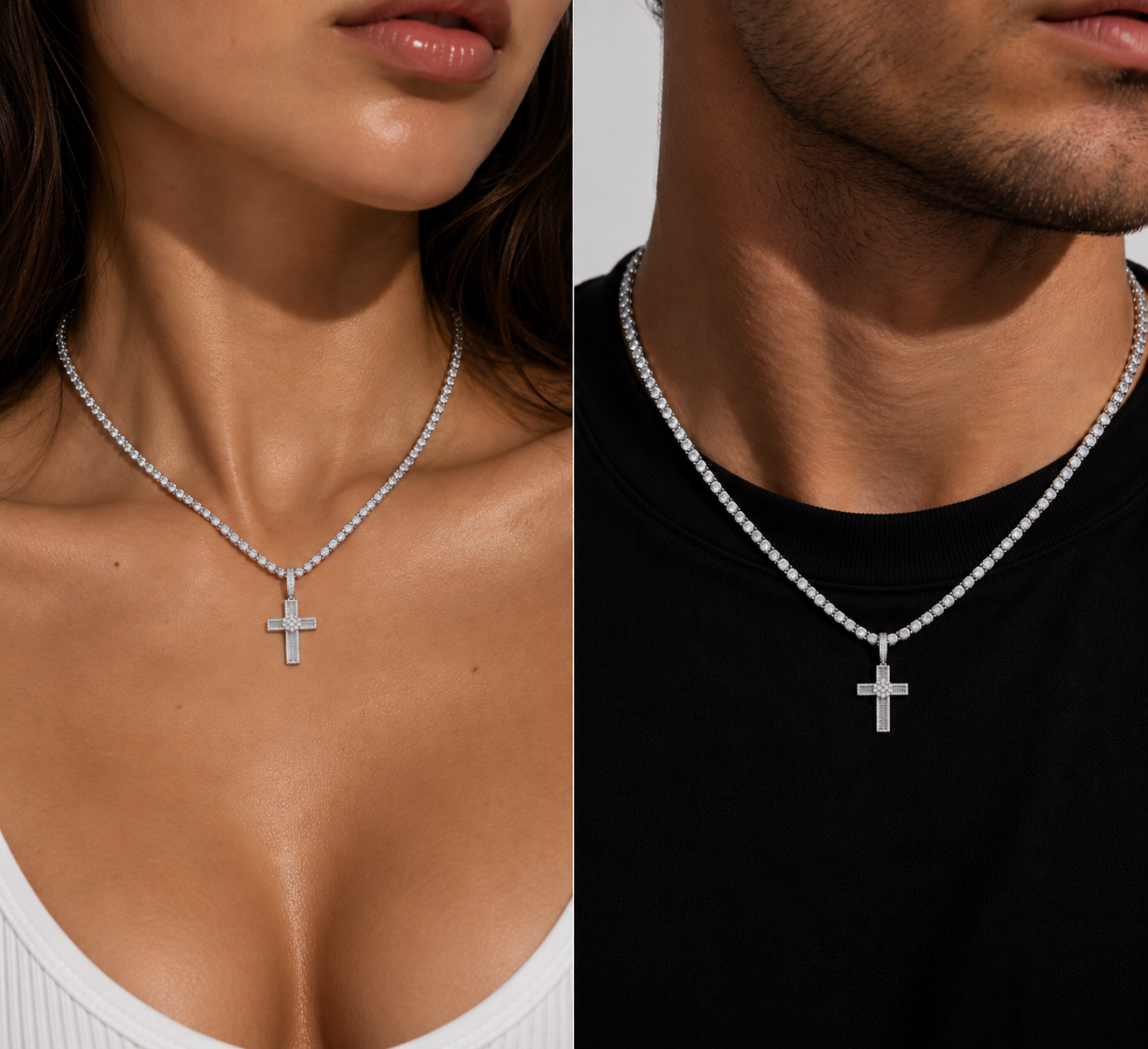 GELATI CELESTIAL BAGUETTE CROSS | FL-IF Flawless Lab Moissanite | 925 Sterling Silver | 18K Vermeil Gold