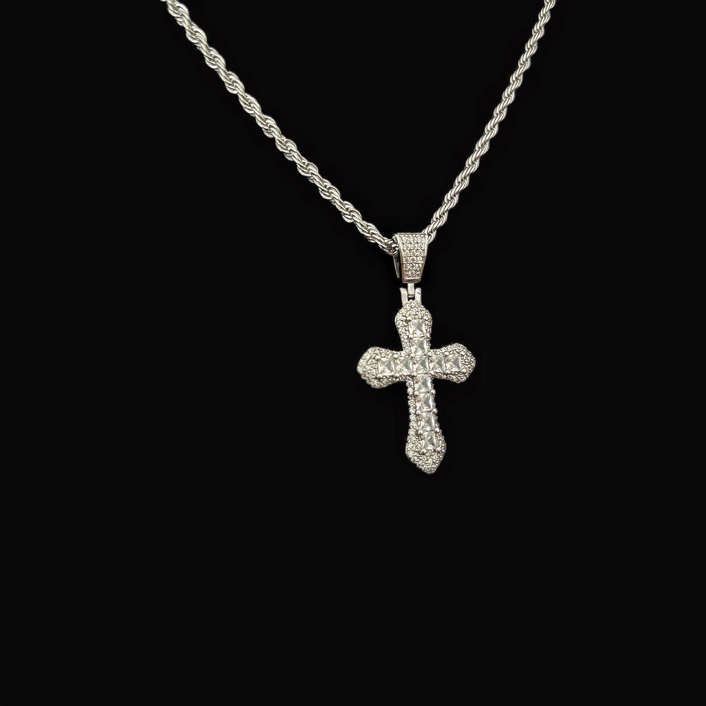 Gelati's Titanium Diamond "Serrato" Cross Pendant +Rope Chain In 925 Sterling Silver Included