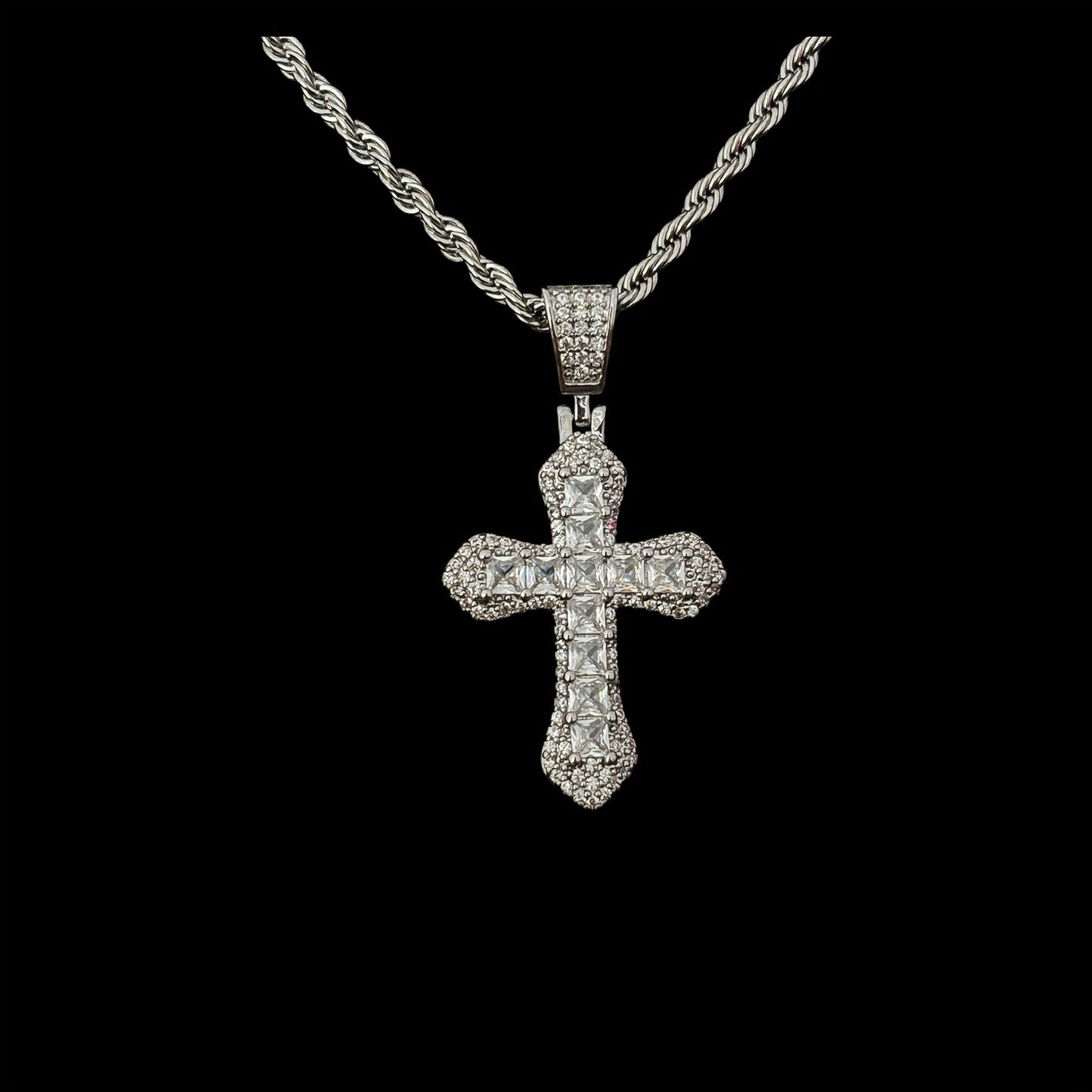 Gelati's Titanium Diamond "Serrato" Cross Pendant +Rope Chain In 925 Sterling Silver Included