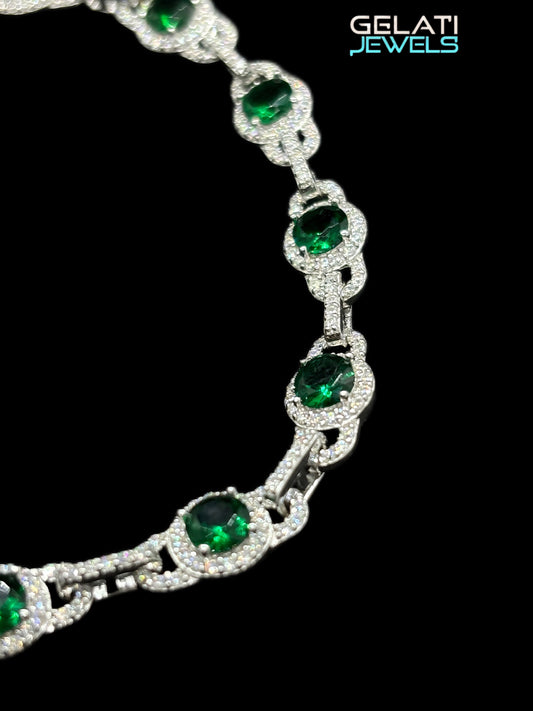 Gelati’s Emerald & Diamond  Beads Chain Bracelet in solid 925 Silver & 18k Vermeil White Gold