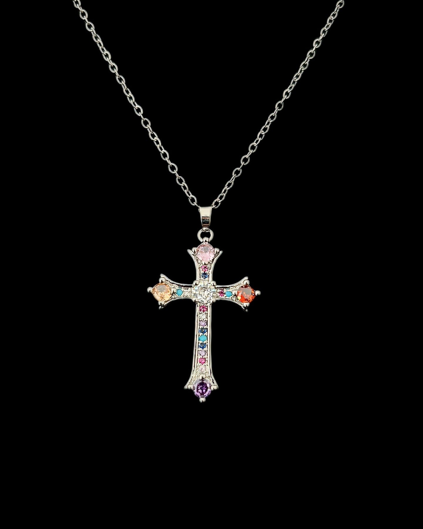 Gelati's Rainbow Saphire Cross in solid Titanium & 18k Vermeil White Gold + 925 Silver Chain Included