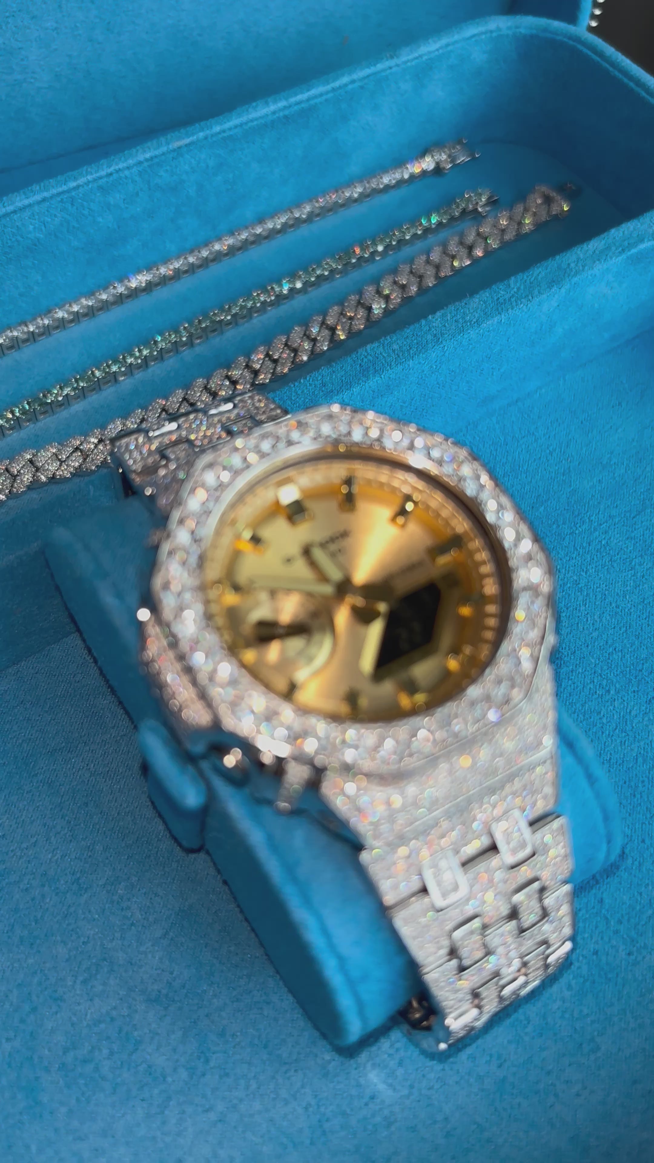 Gelati's Custom BussDown 35 CT G-shock In FL-Flawless Lab Moissanite Diamonds & Solid 925 Sterling silver and 18k Vermeil Gold - Limited Gold Dial Edition