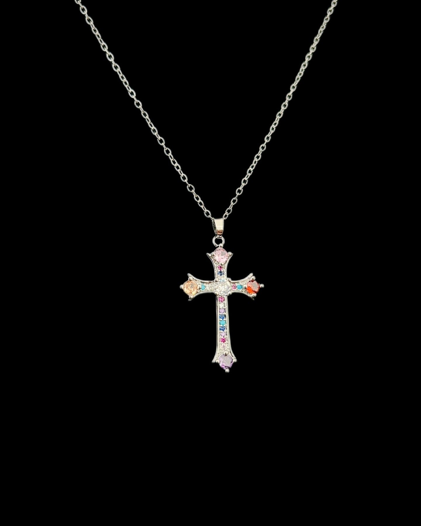 Gelati's Rainbow Saphire Cross in solid Titanium & 18k Vermeil White Gold + 925 Silver Chain Included