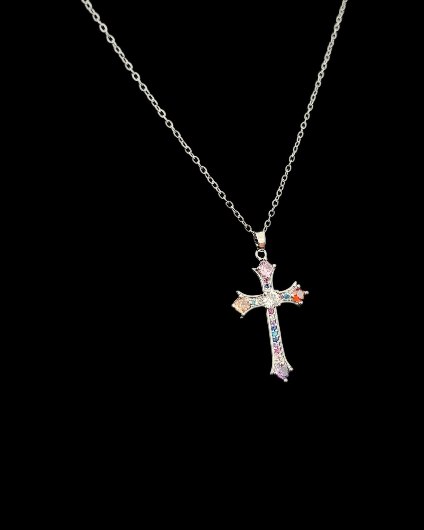 Gelati's Rainbow Saphire Cross in solid Titanium & 18k Vermeil White Gold + 925 Silver Chain Included